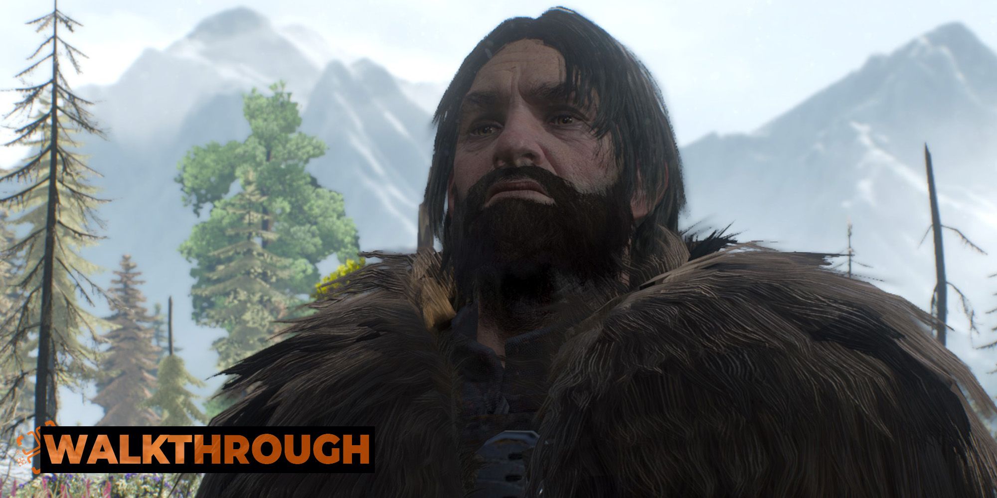 A bearded man looks at someone off-screen as they speak in Skellige, with tall mountains behind them.
