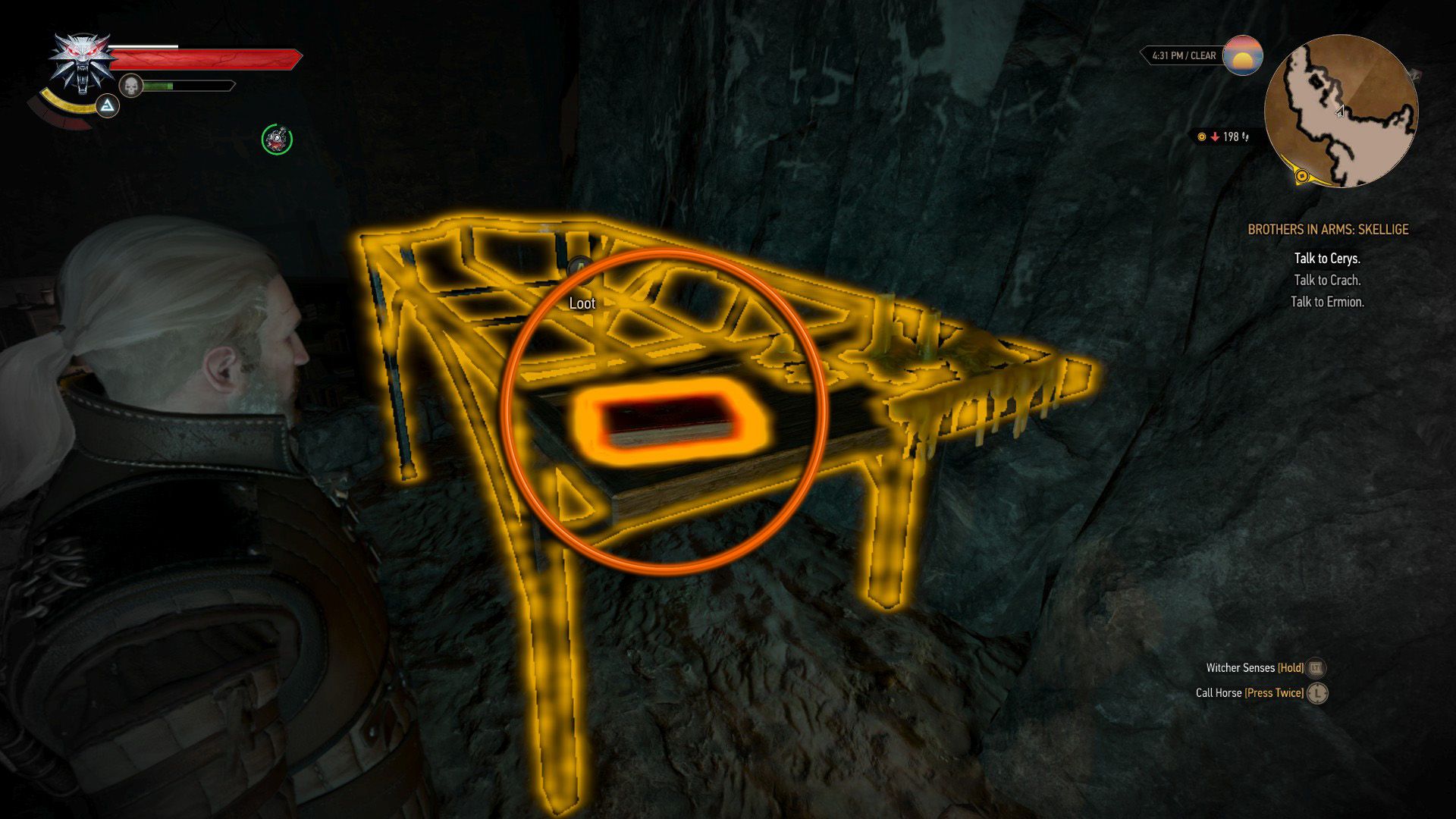 An edited screenshot from The Witcher 3, with an orange circle over a book on a table.
