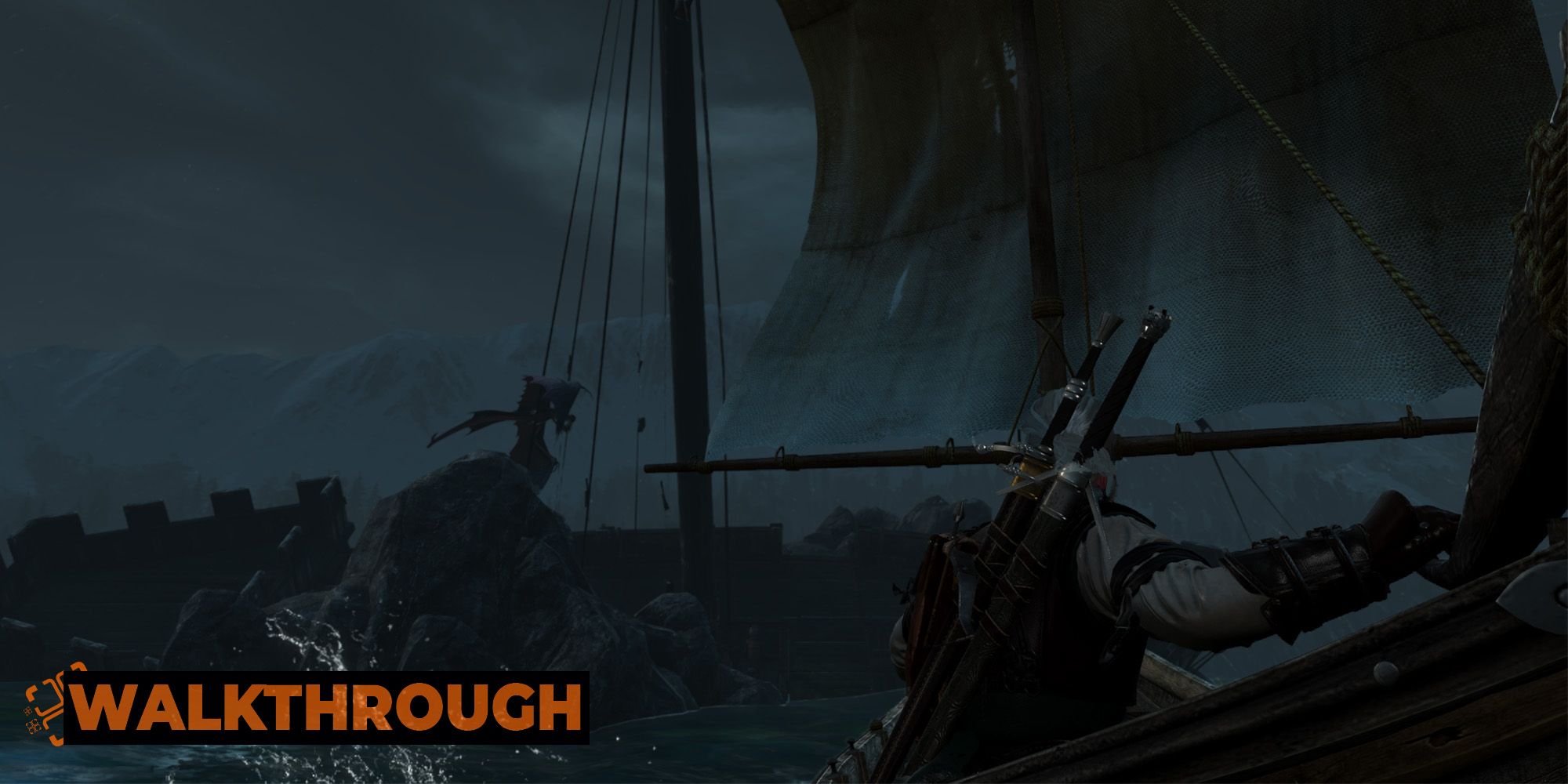Geralt sails towards the shipwreck of Skellige at night, with sirens flying in the distance. 