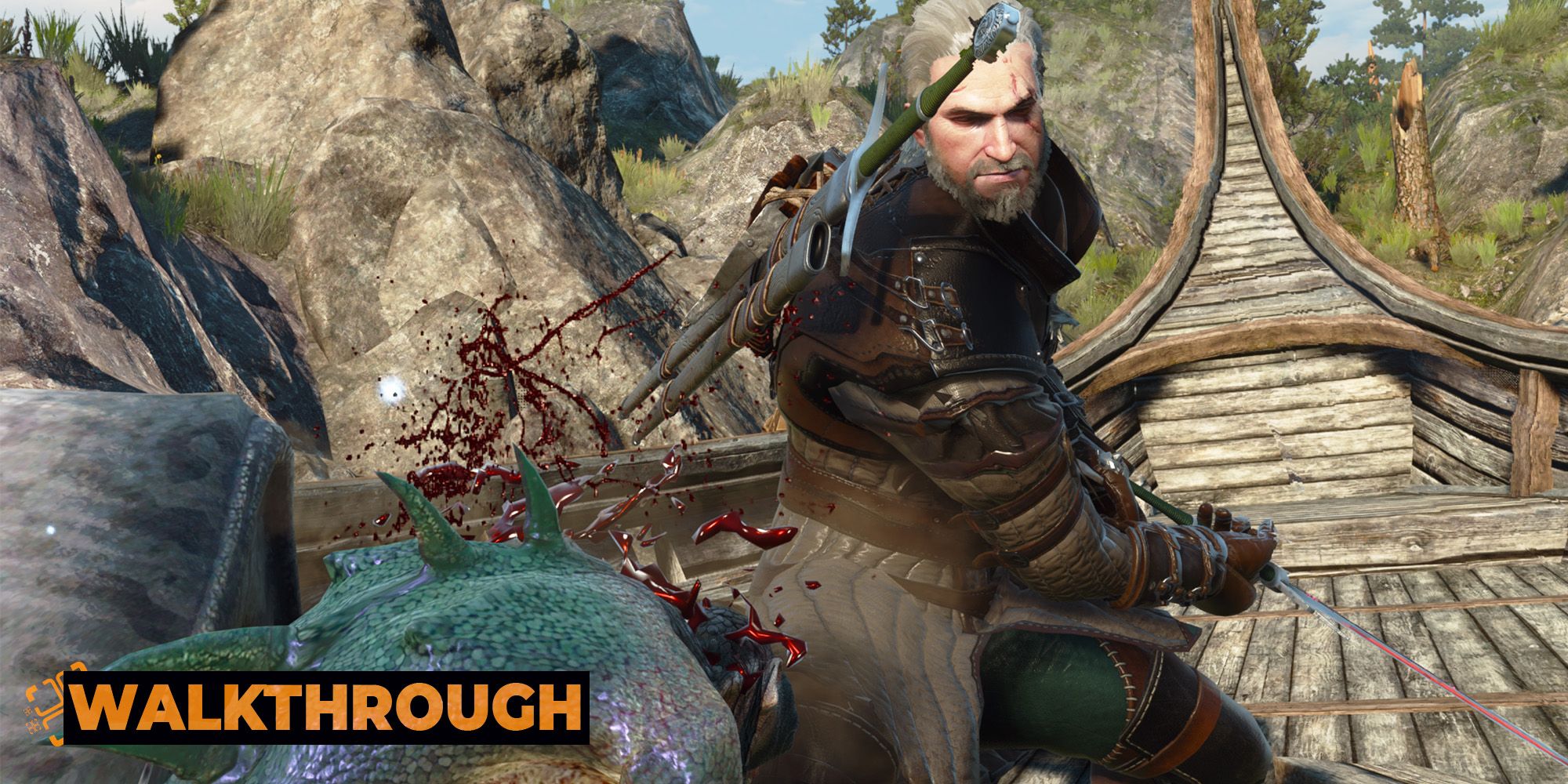 Geralt fights a siren on the deck of a beached boat during the day in The Witcher 3.