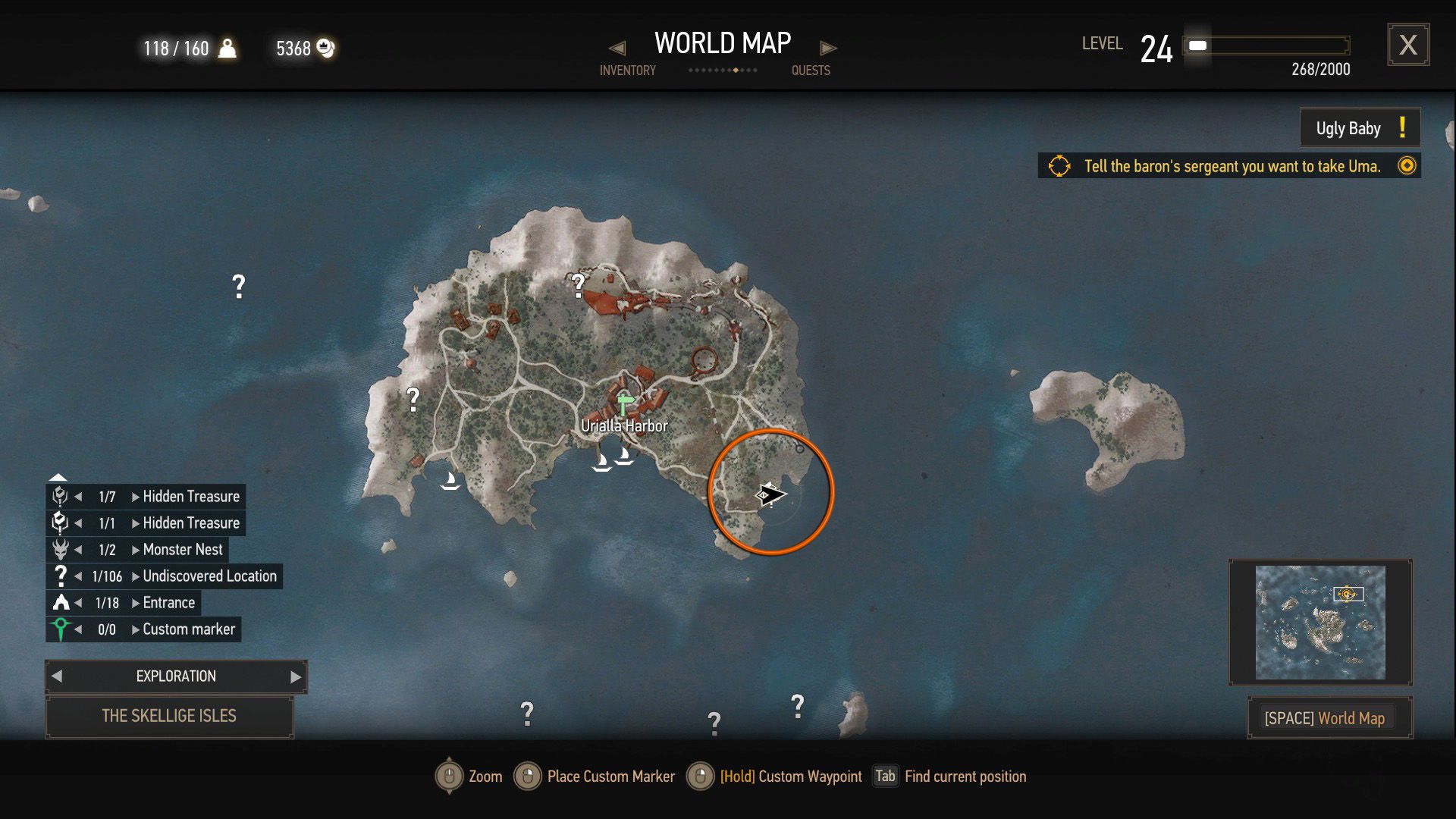 A screenshot of The Witcher 3&rsquo;s map, with an orange circle over a quest location.