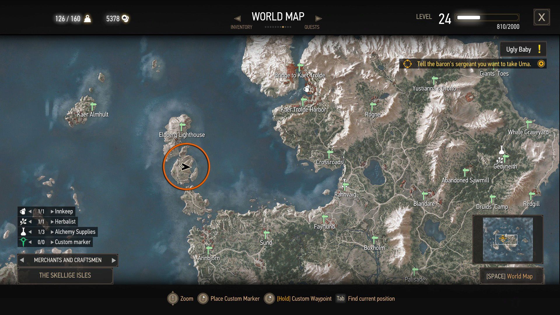 A screenshot of The Witcher 3&rsquo;s map of Skellige, with an orange circle south of the Eldberg Lighthouse.