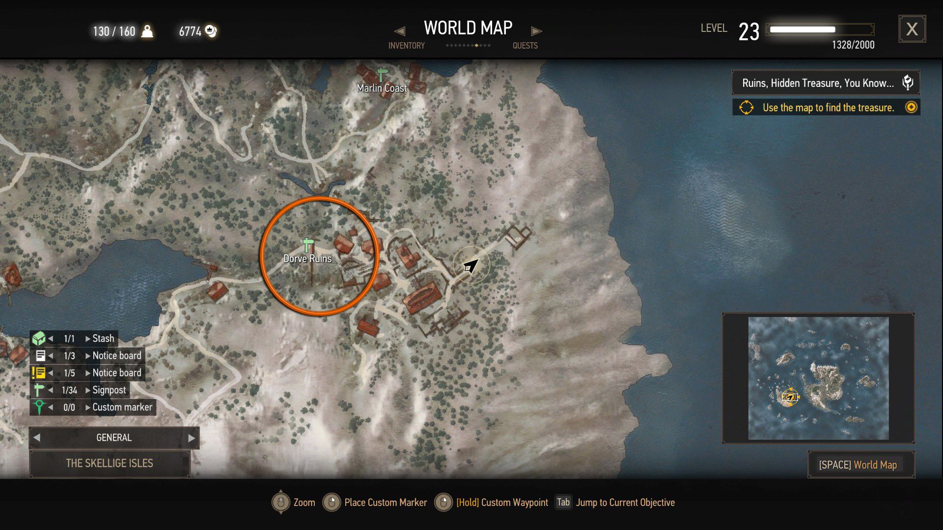 A screenshot of The Witcher 3 island of Undvik, with an orange circle over a quest location.