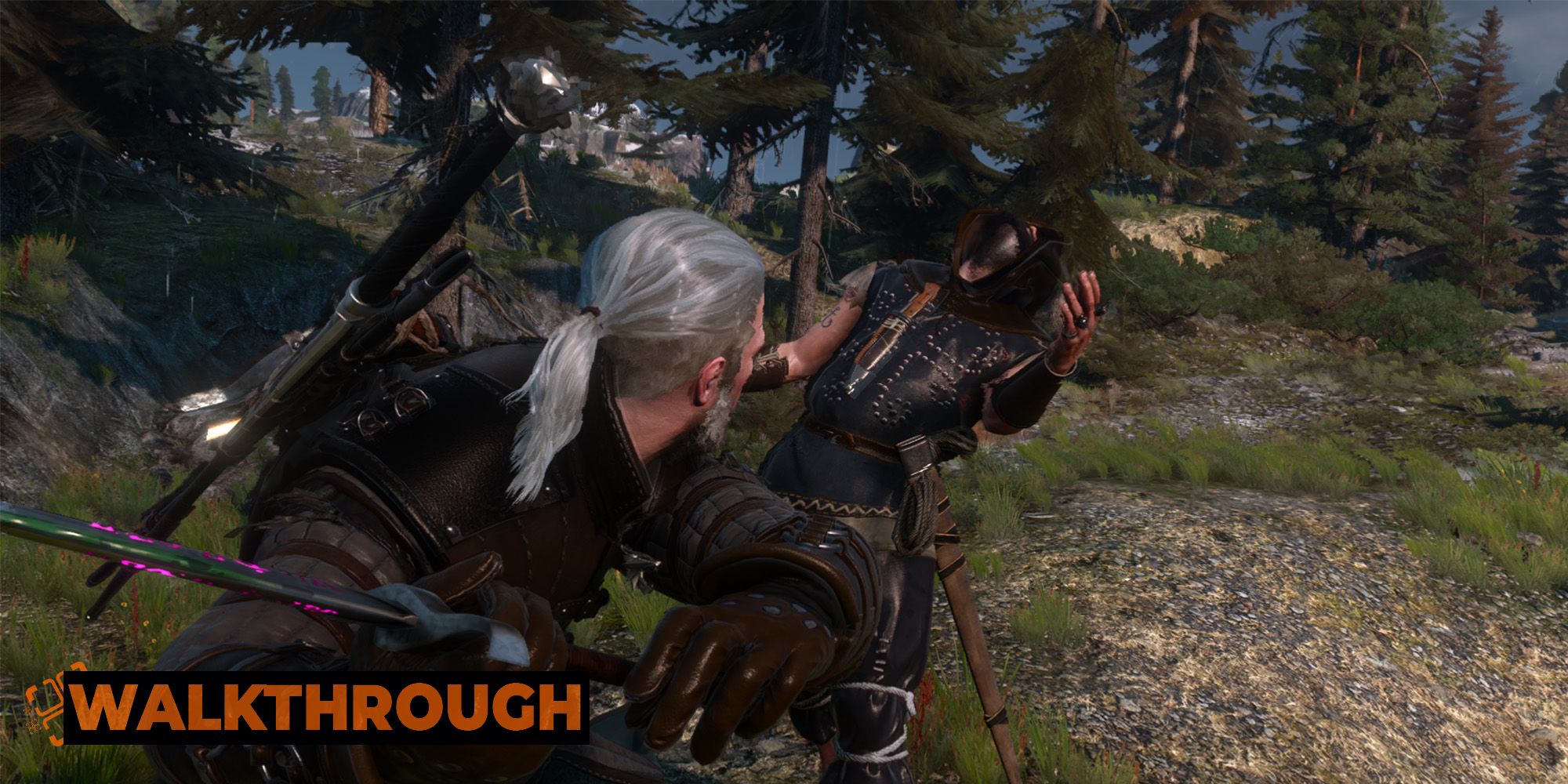 A close up shot of Geralt preparing to swing his sword at a hooded bandit in Skellige.