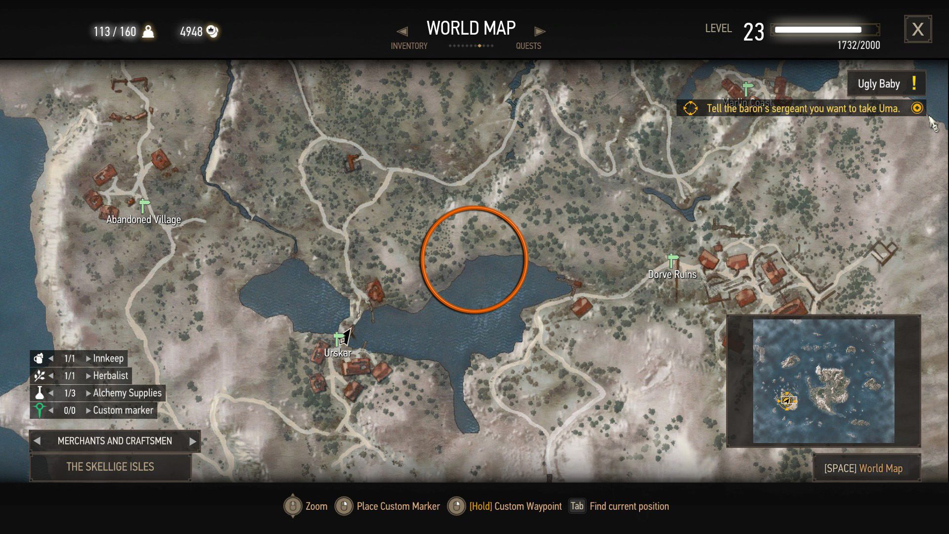 A screenshot of The Witcher 3&rsquo;s map, with an orange circle over a location.