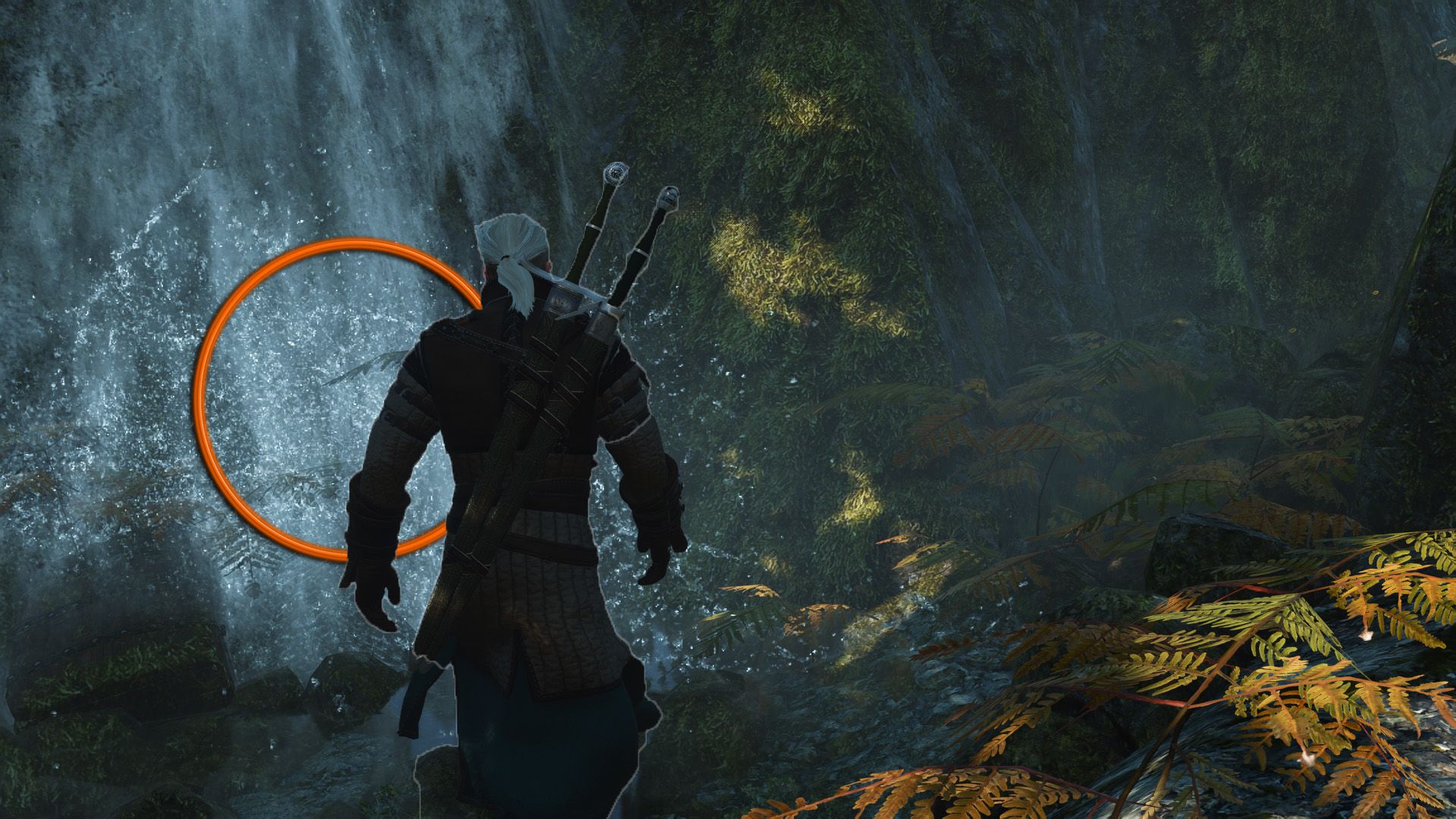 An edited image of Geralt walking toward a waterfall in Skellige, with an orange circle on the waterfall, where a chest is hidden.