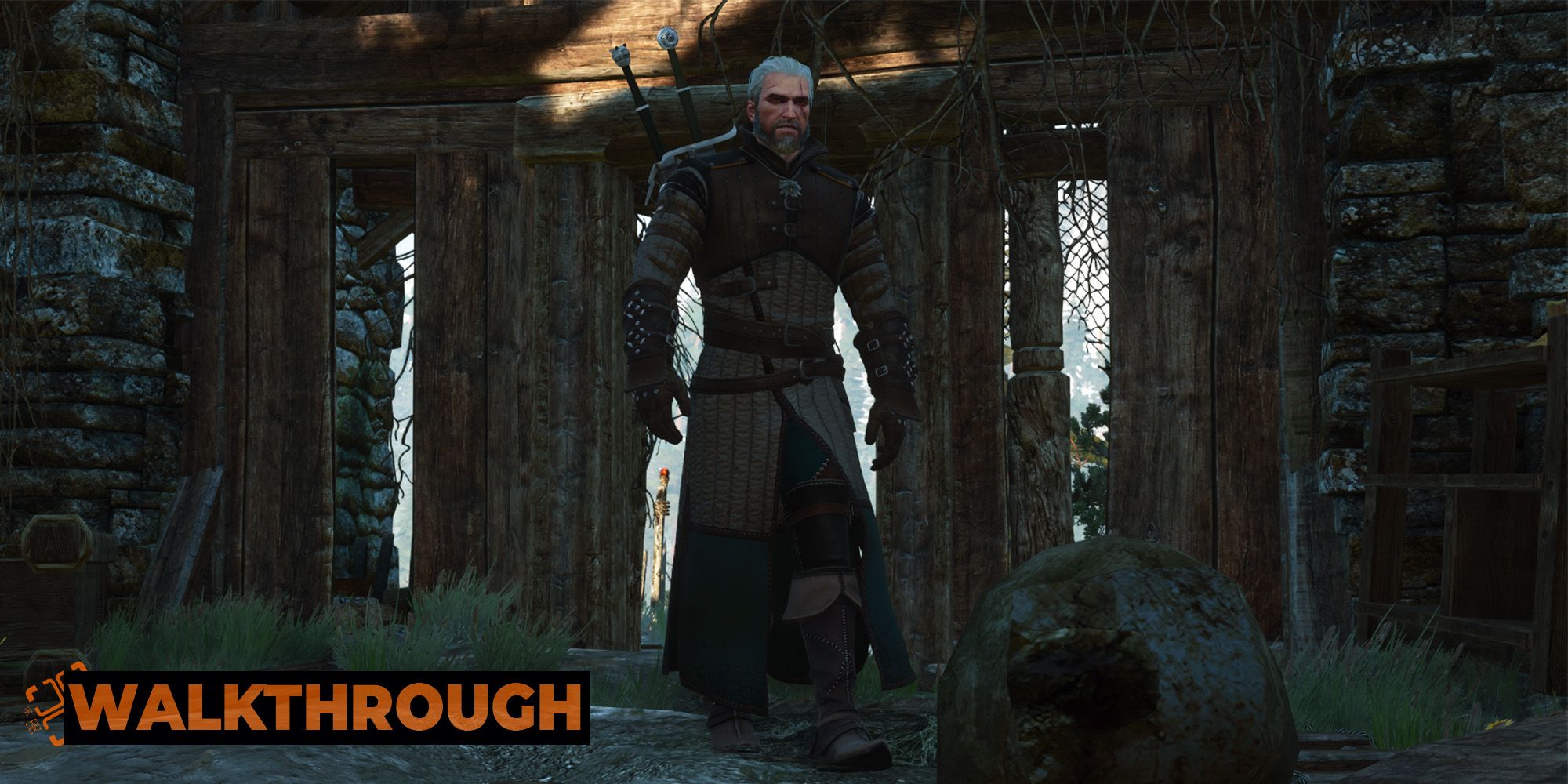 Geralt walks toward an old skeleton inside a half-collapsed hut inside a forest in Skellige.