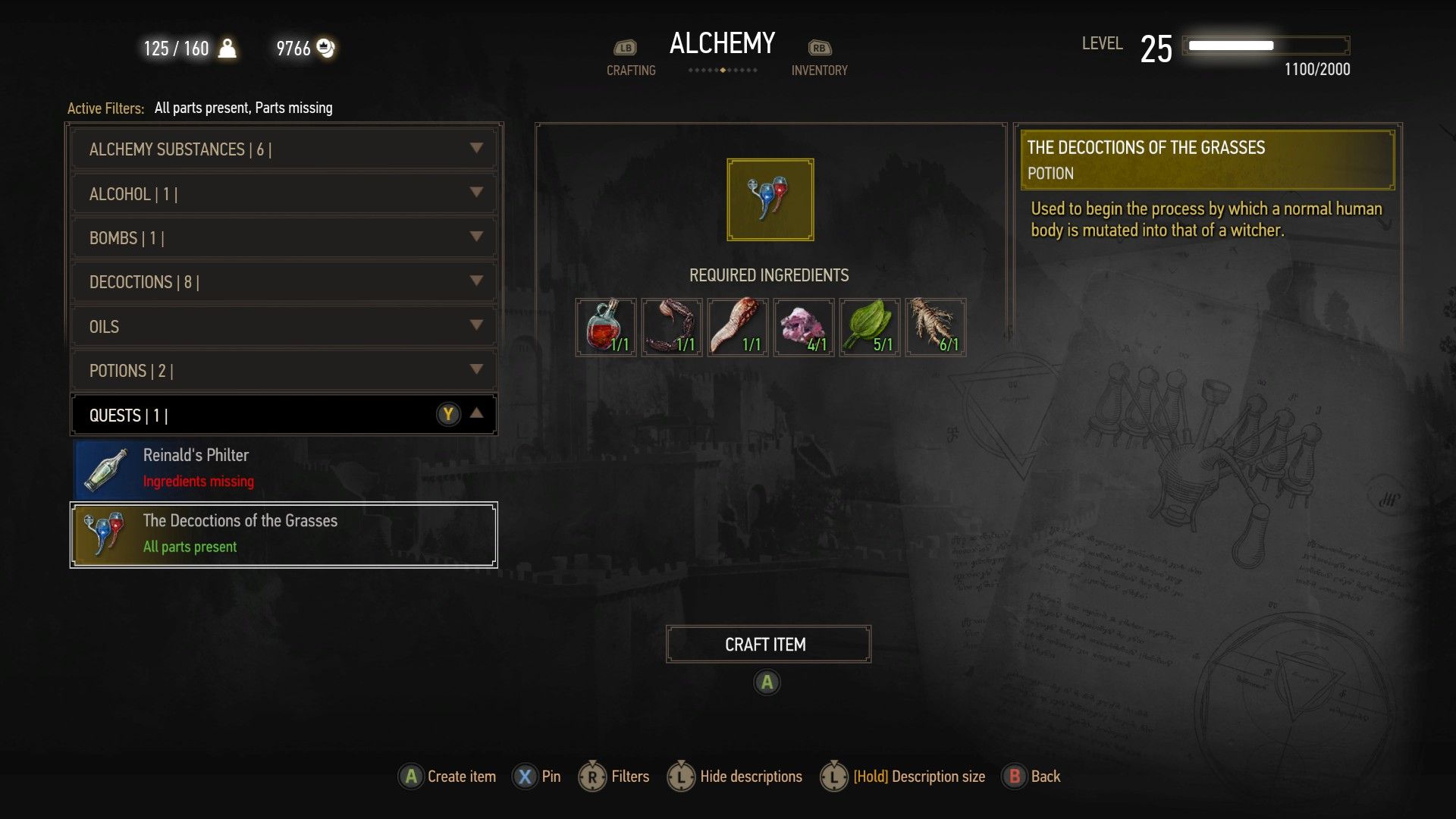 A screenshot of The Witcher 3&rsquo;s menu, showing where to craft the Trial of the Grasses.