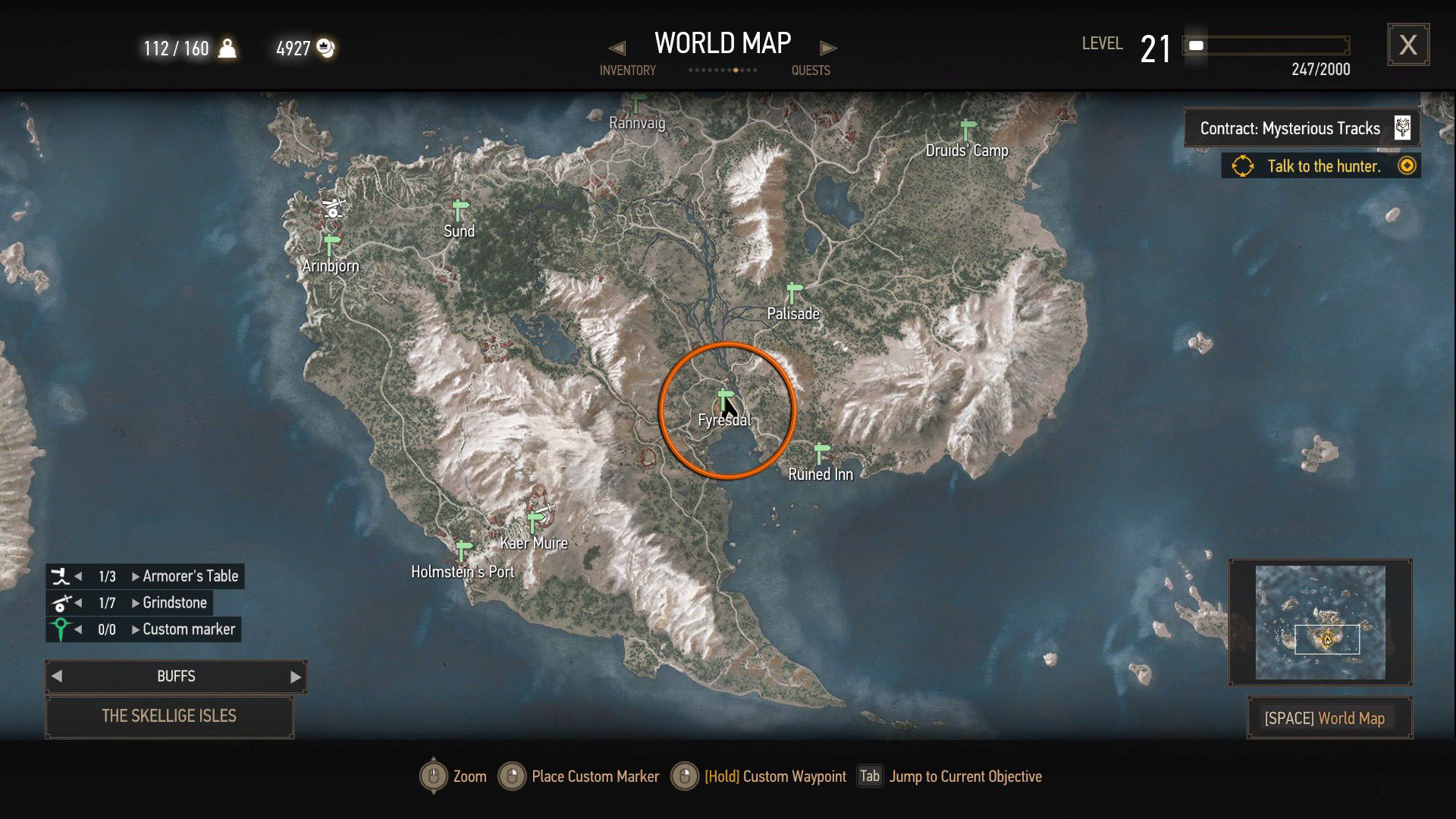Screenshot of The Witcher 3.  A circle is drawn over the town of Fyresdal.