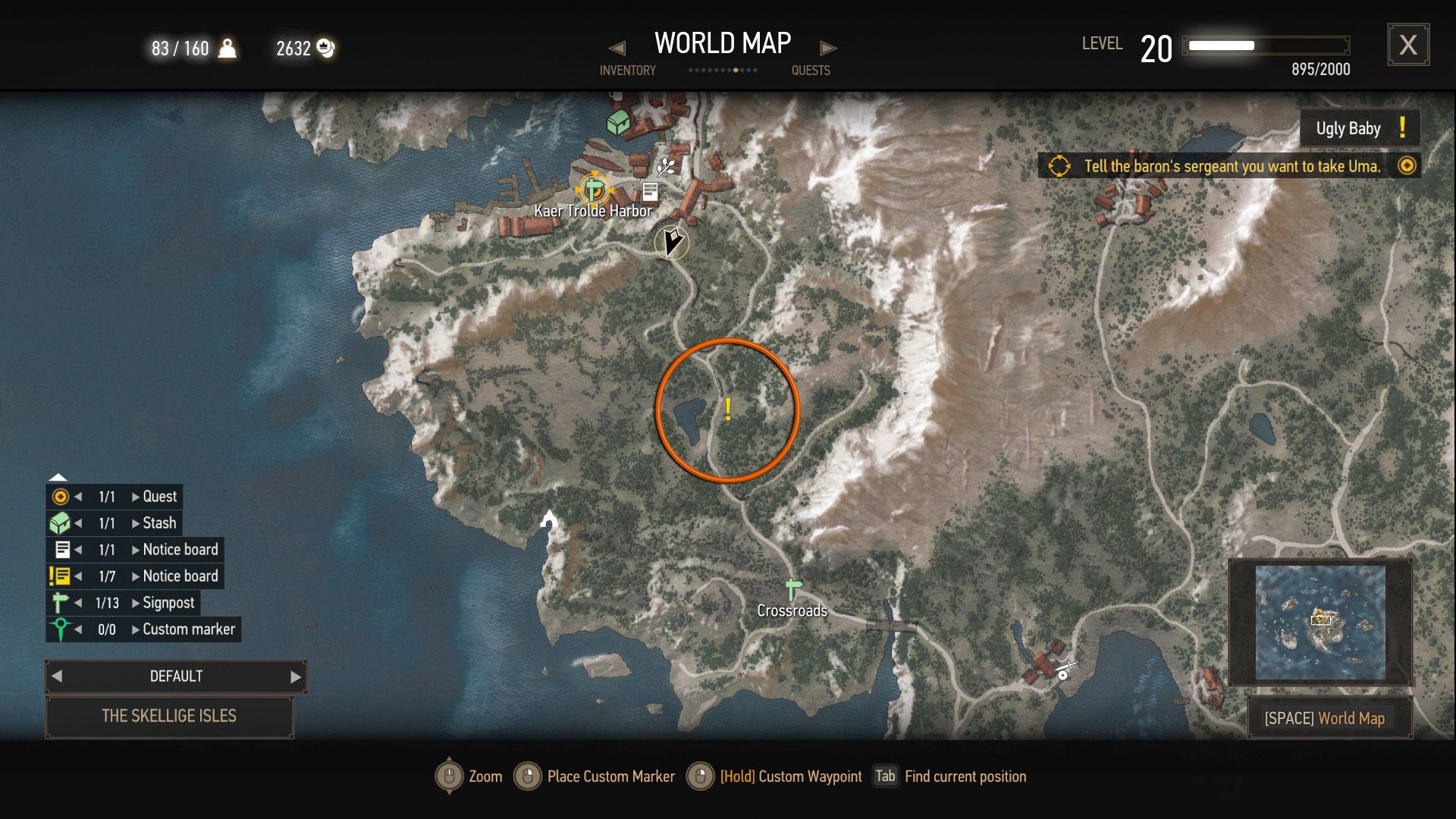 Screenshot of The Witcher 3 map with an orange circle over Skellige's quest location.