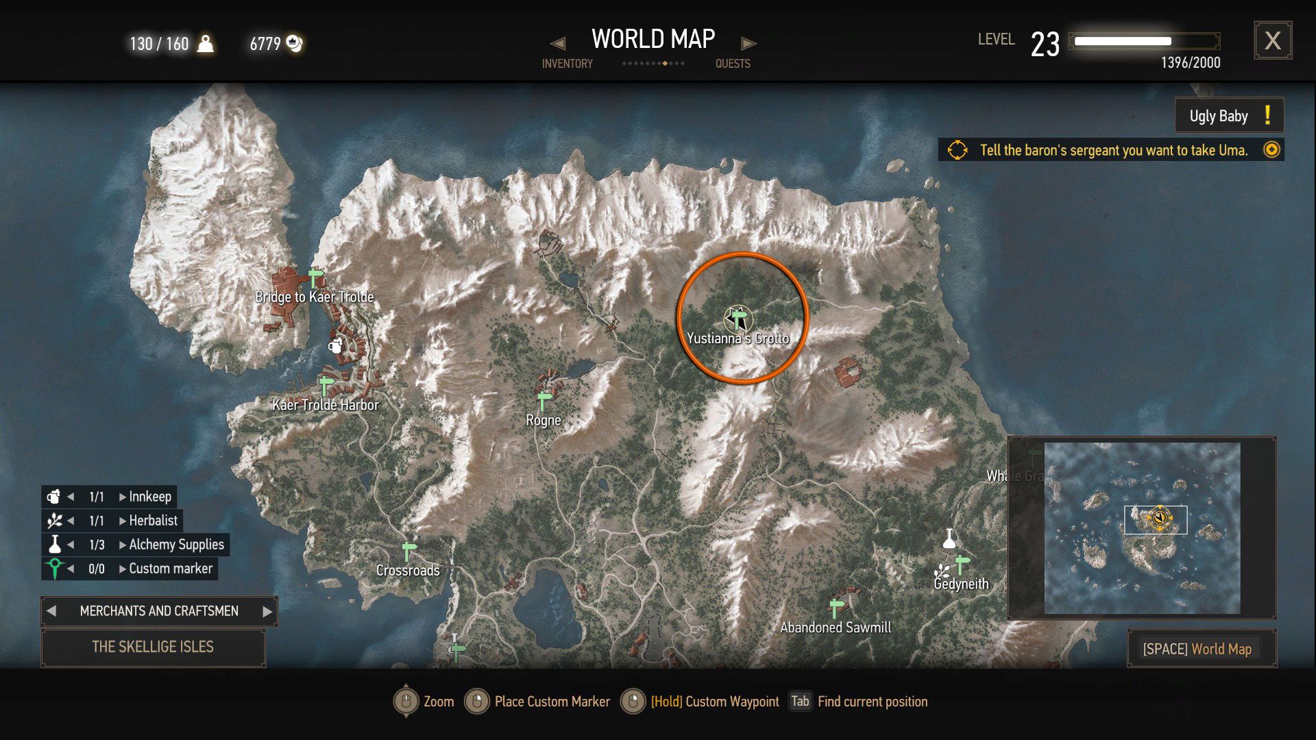 A screenshot of The Witcher 3&rsquo;s map, with an orange circle over Yustianna&rsquo;s Grotto.