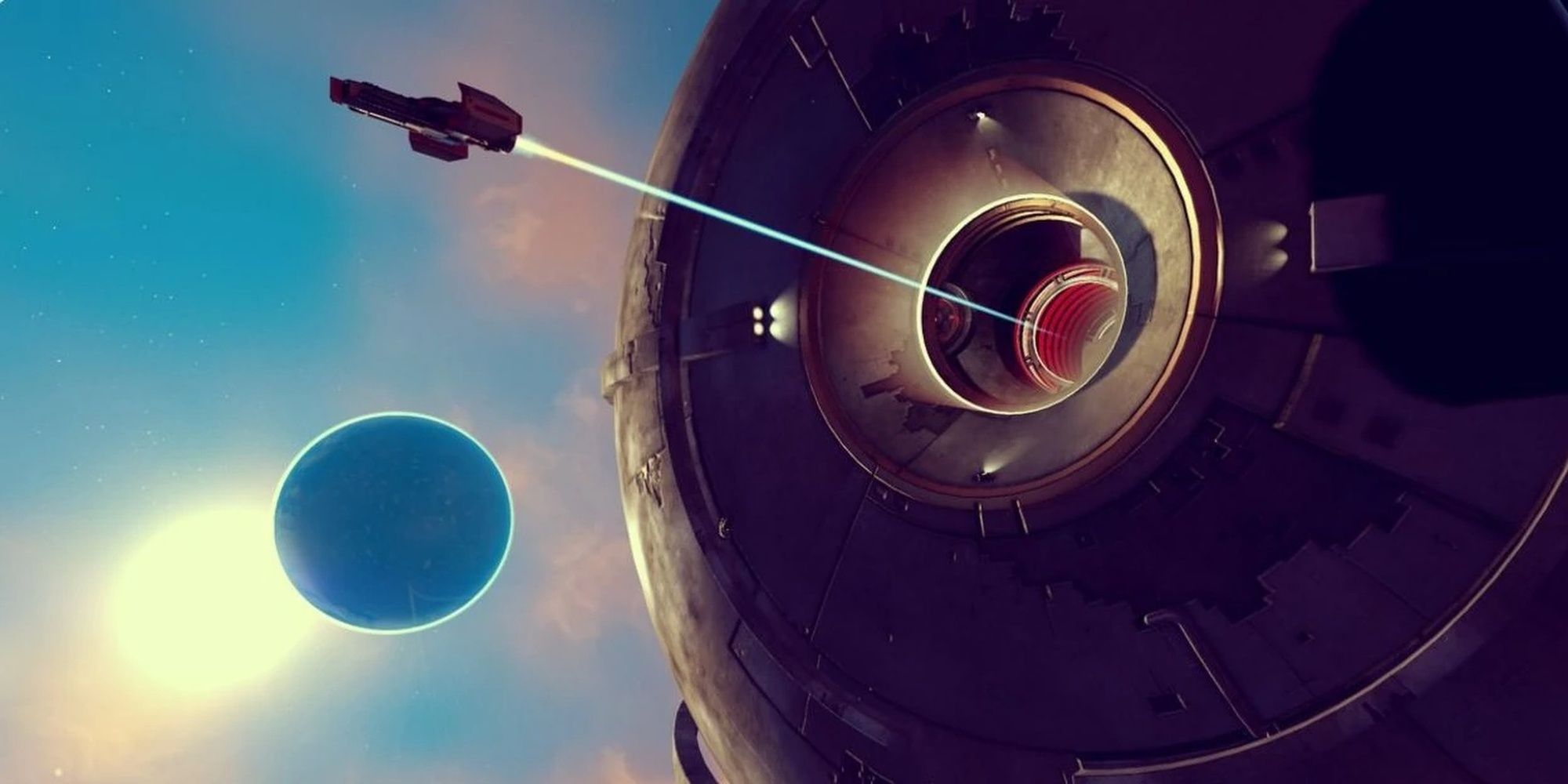 A ship sailing from the anomaly in No Man's Sky.