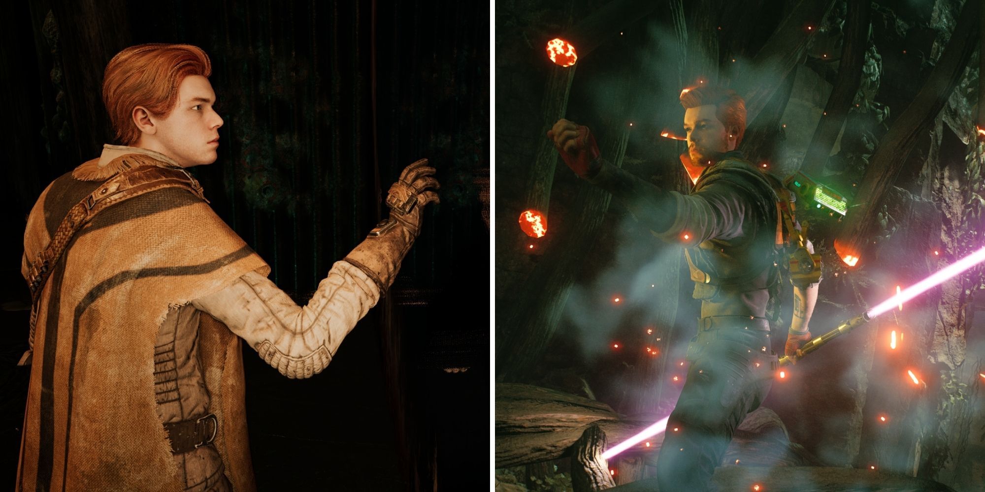Cal reaches out to his reflection in Star Wars Jedi Fallen Order; Cal extends his hand after slicing through an obstacle in Star Wars Jedi Survivor