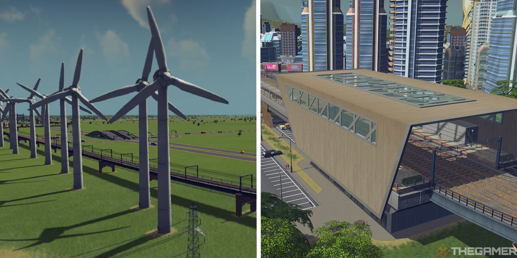 split image showing wind turbines next to raised metro station