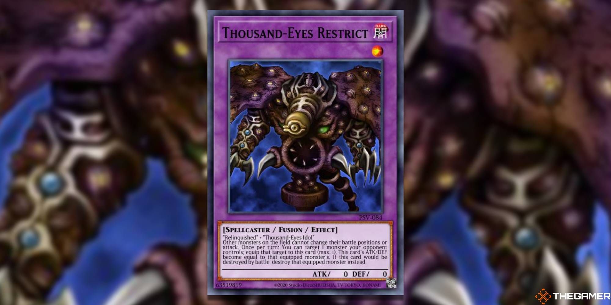 Thousand Eyes Restrict card and art background in Yu-Gi-Oh!.