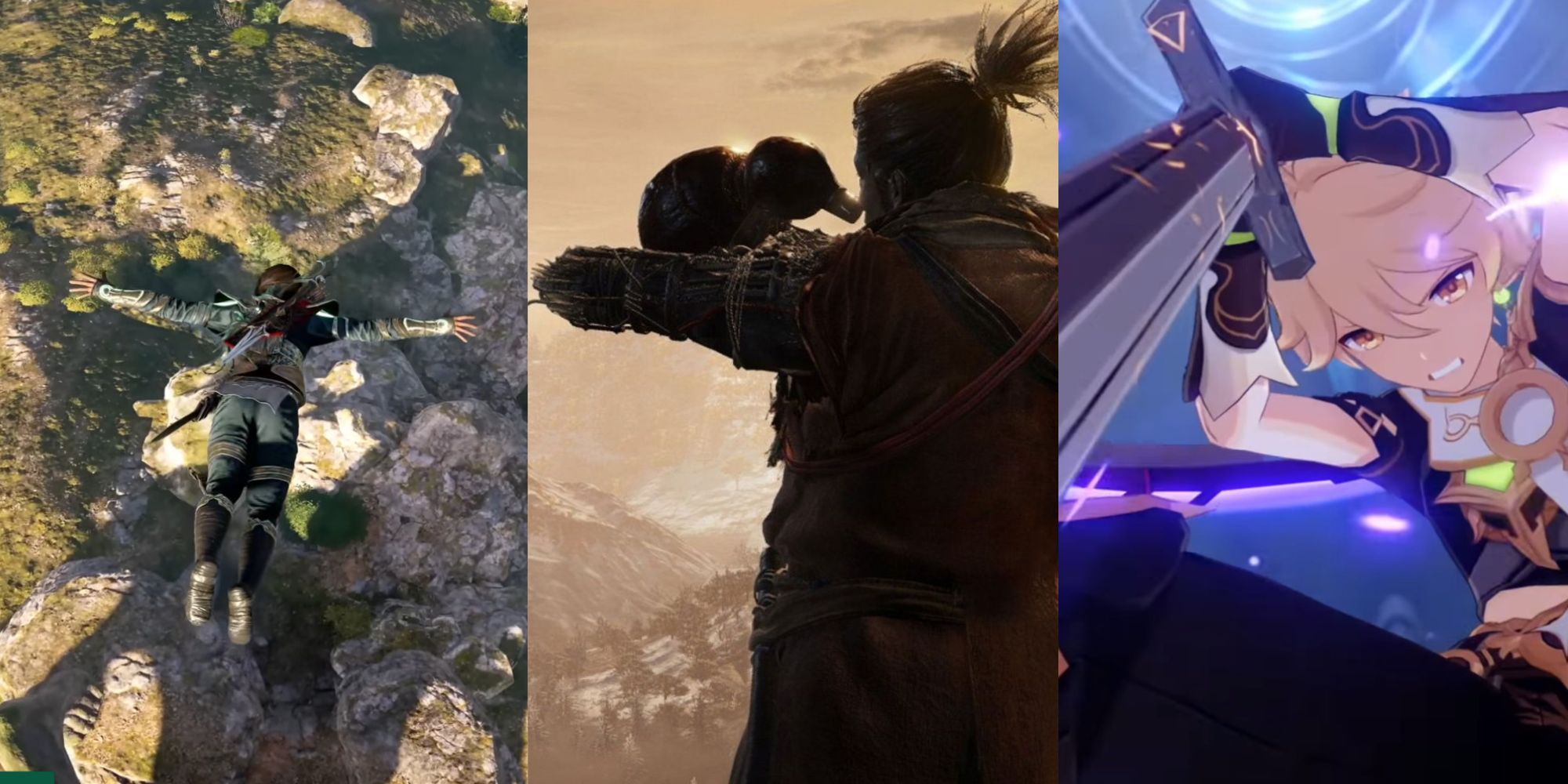 Dumb Ways To Die In Video Games featuring Kassandra jumping in Assassin's Creed Odyssey, Sekiro: Shadows Die Twice, and Aether with the dull blade from Genshin Impact