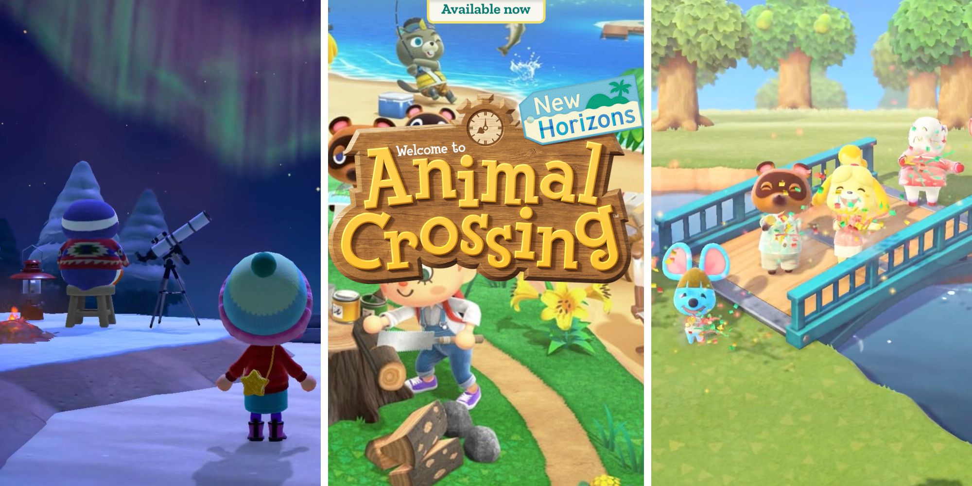 Three images of gameplay from Animal Crossing: New Horizons: a character and a penguin watching the Northern Lights in the sky; the logo placed over some characters; and four island animals throwing confetti on a bridge.