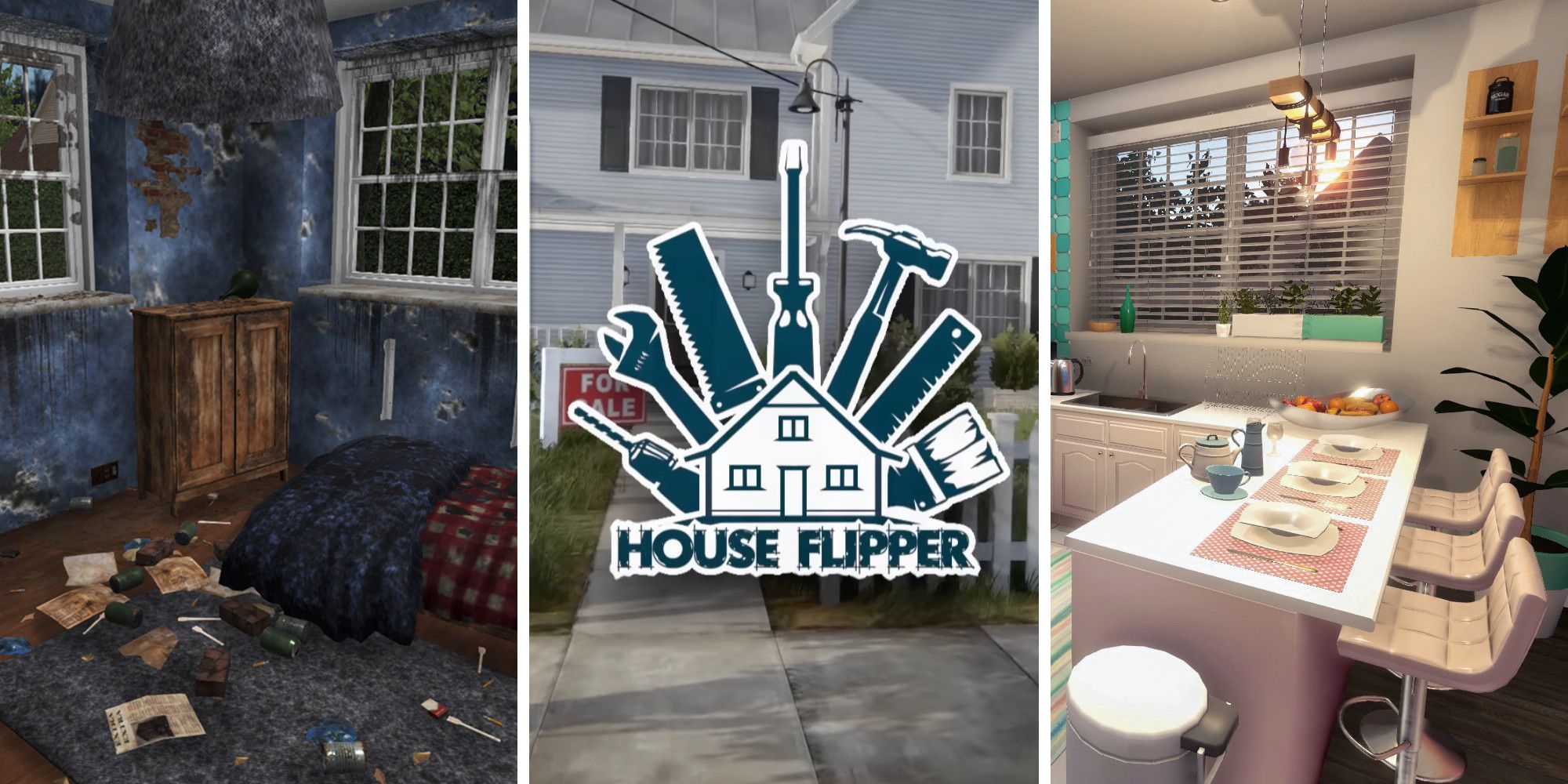 Three images of gameplay from House Flipper: a run down and dirty house; the logo placed over a house for sale; and a renovated kitchen.