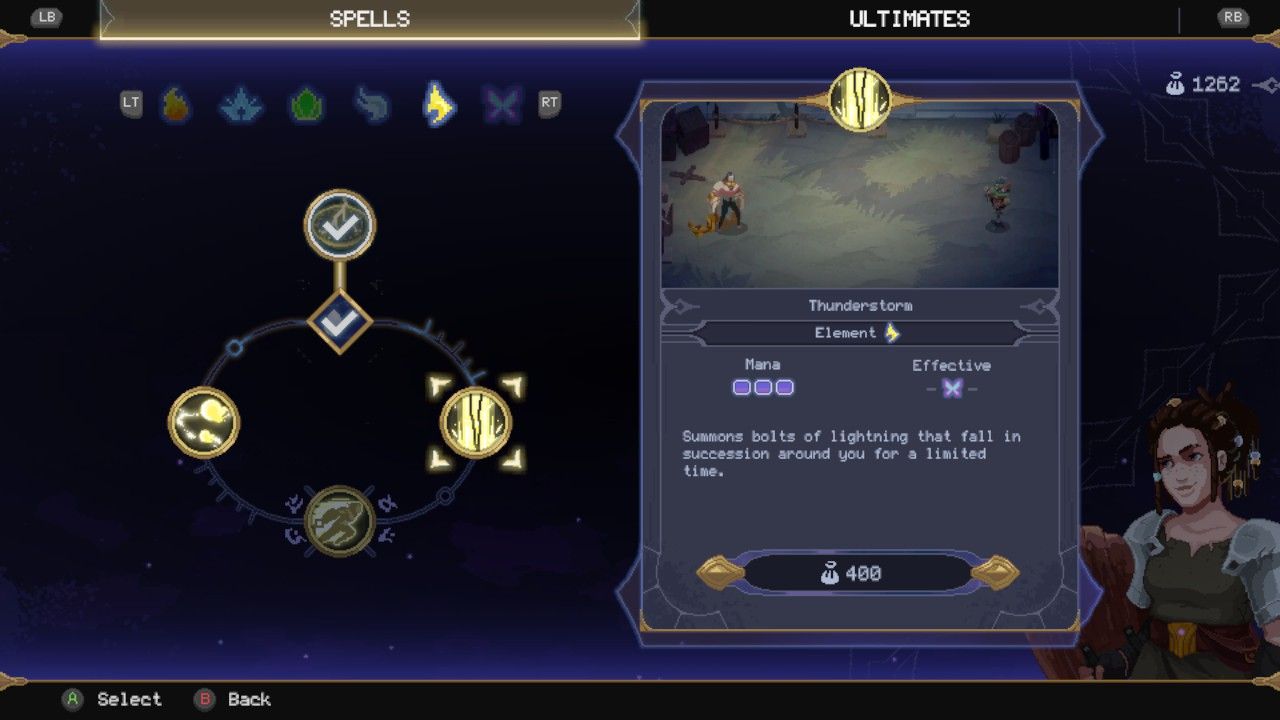 Selecting Thunderstorm as a spell to fight against enemies in The Mageseeker: A League Of Legends Story.