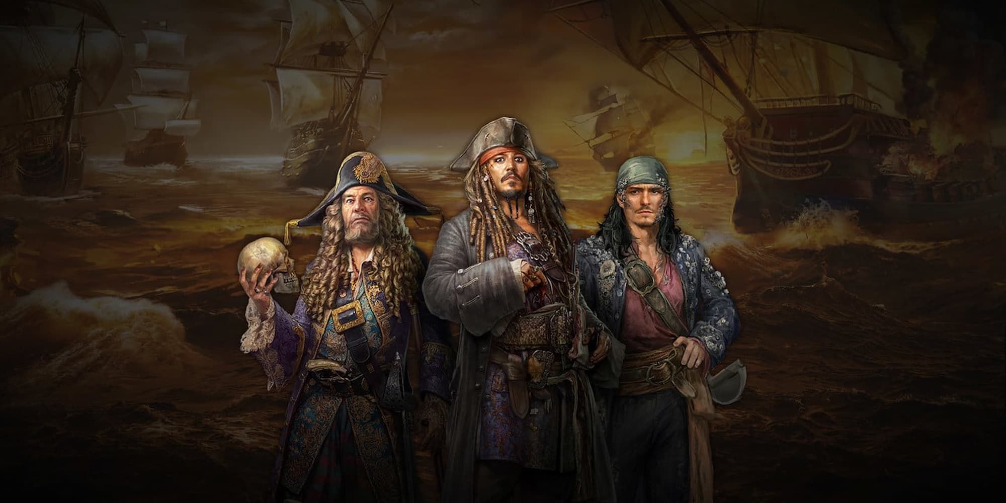 Hector Barbossa, Jack Sparrow and Will Turner stand in front of several ships in Pirates of the Caribbean: Tides of War.