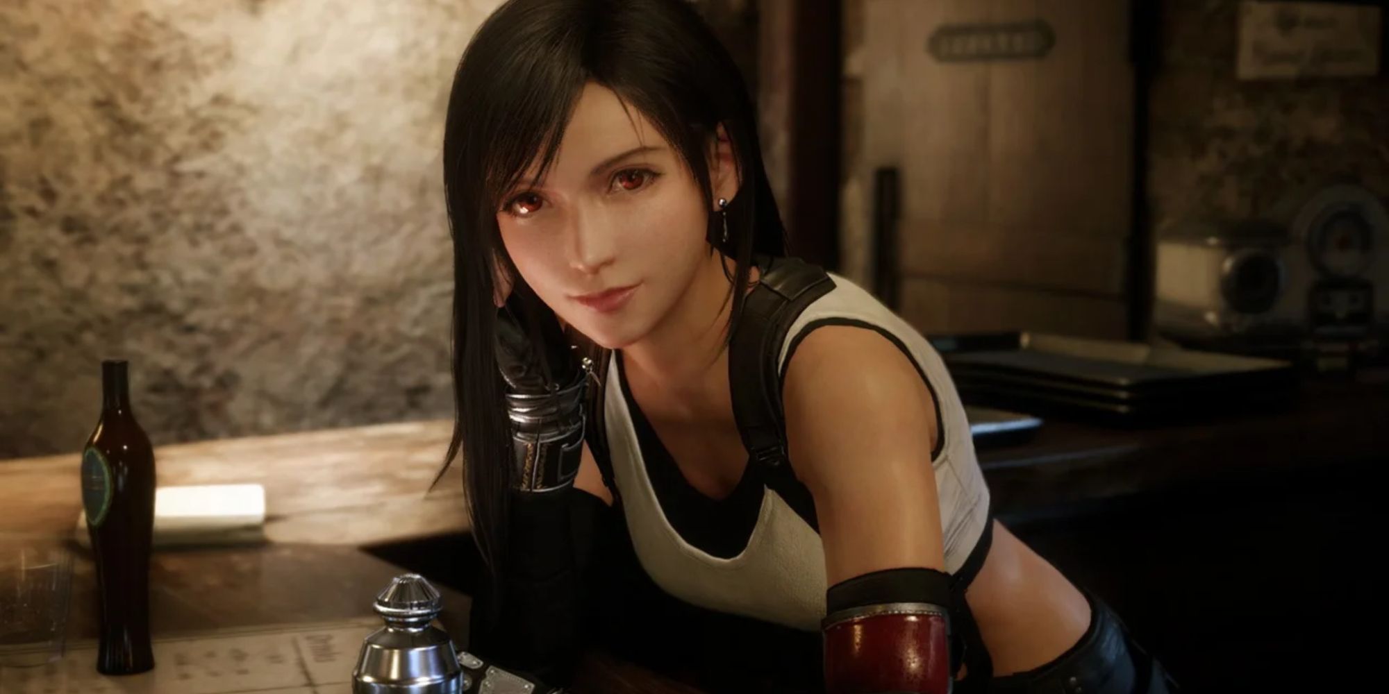 Tifa Lockhart leaning on the bar in FF7 Remake