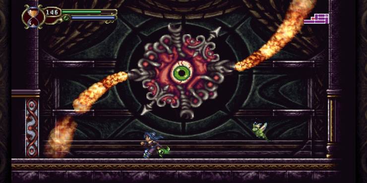 Main character fighting a boss that is an eye in Timespinner