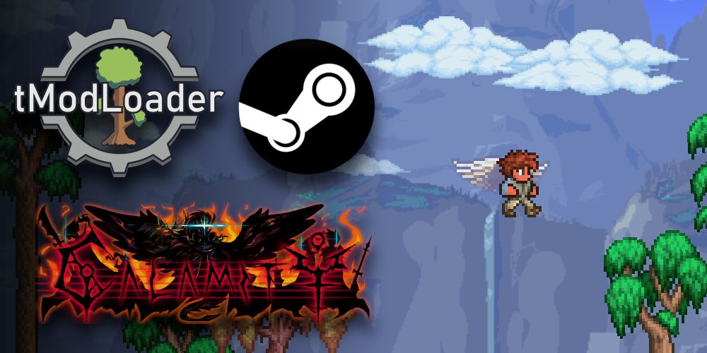 tModLoader Logo, Steam Logo, and Calamity Title Logo over Journey Mode Gameplay