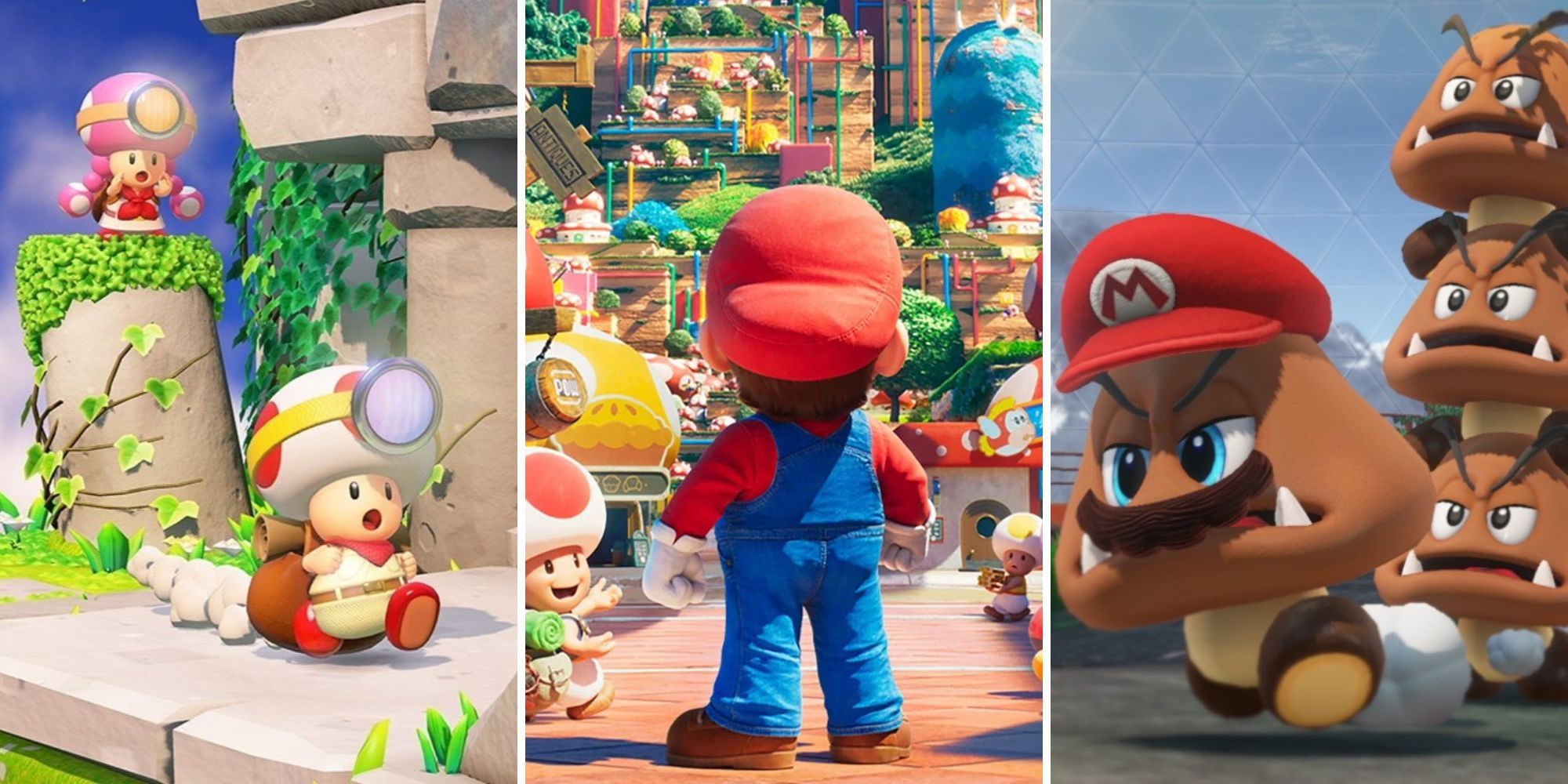 Toadette watches over Captain Toad, Mario looks up at the Mushroom Kingdom, Goomba Mario runs away from a stack of Goombas in The Super Mario Bros. Movie