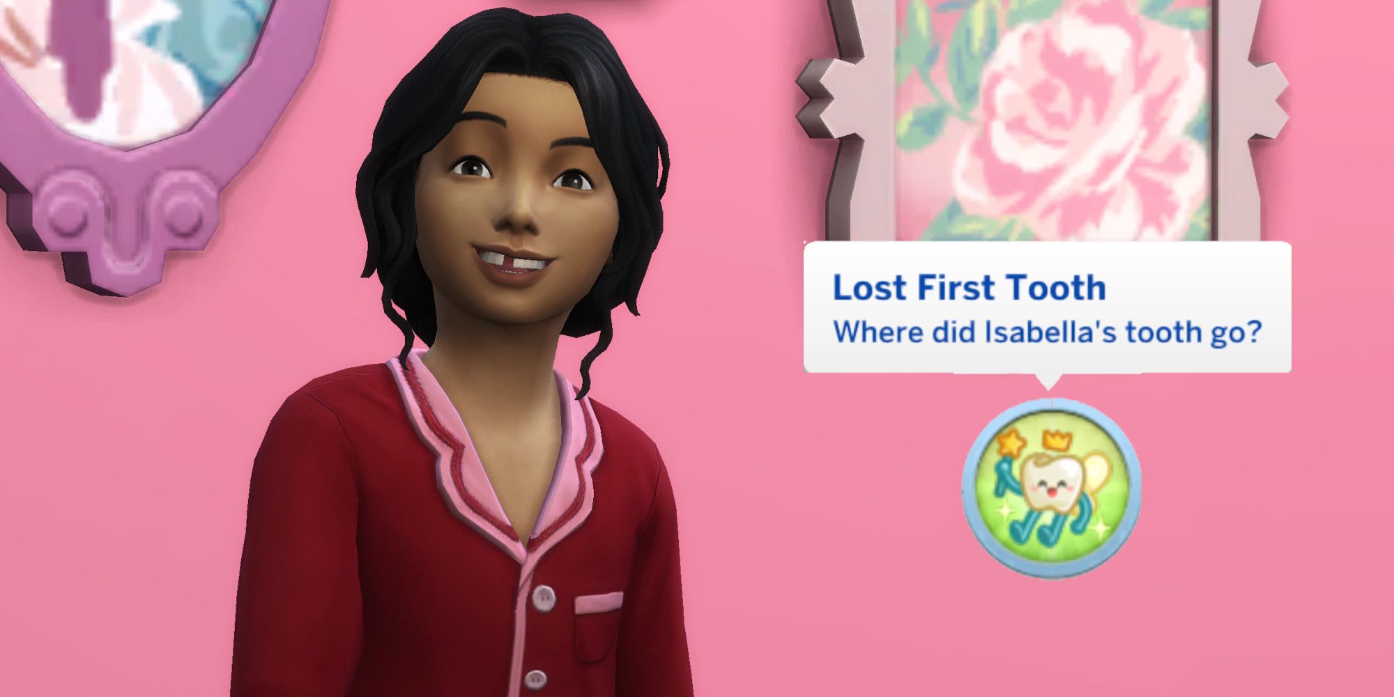 A child Sim smiles with a missing tooth. A text bubble saying "Lost First Tooth" is next to her.