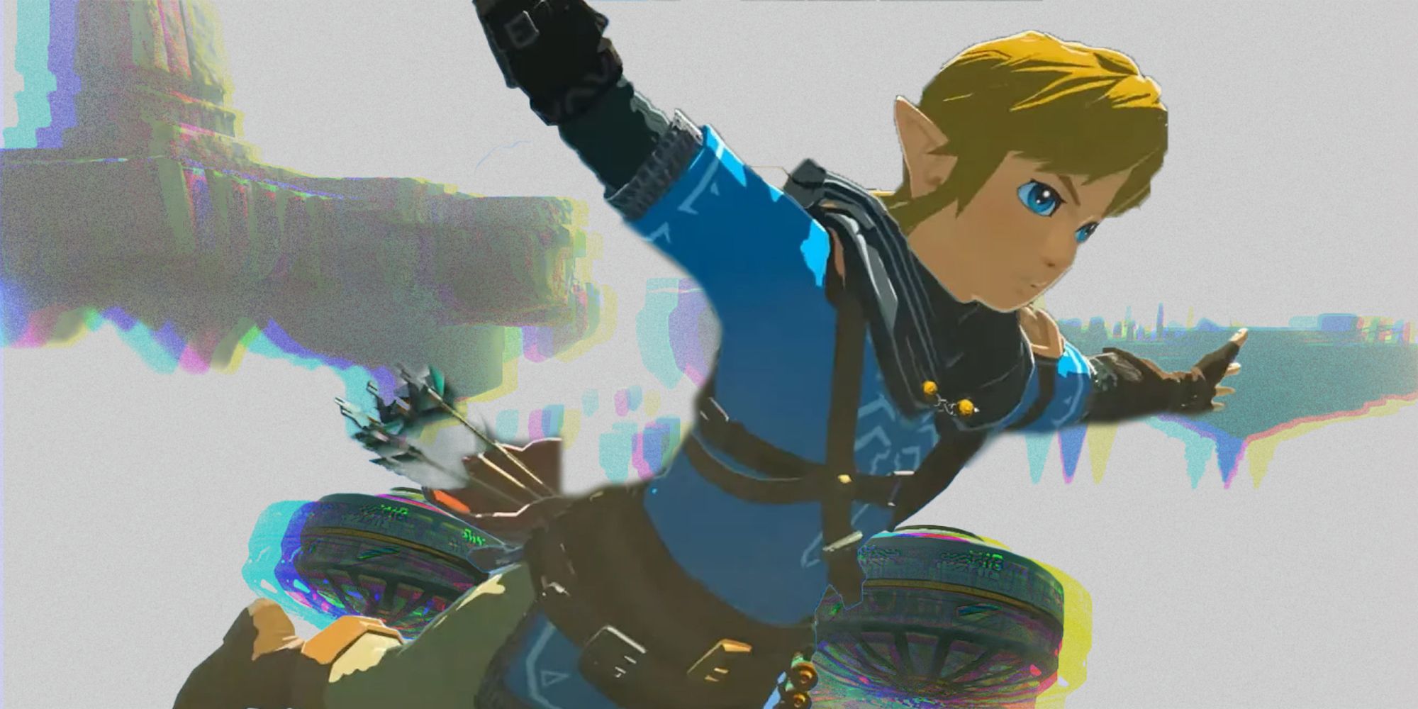 Link falling from the sky in Tears of the Kingdom with trippy desaturated sky island background