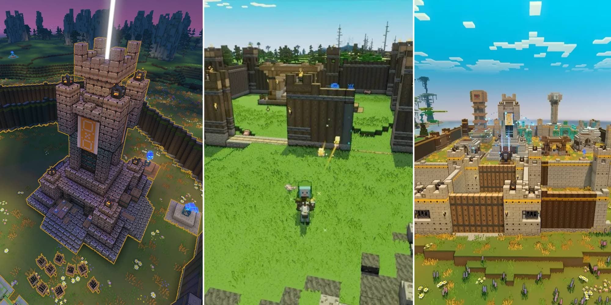 A tower shines a beacon, the walls of a base are under attack by a hero, and a large base sits near the ocean in Minecraft Legends.