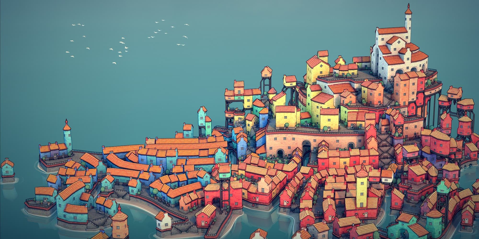 A colored town is near the sea in Townscaper.