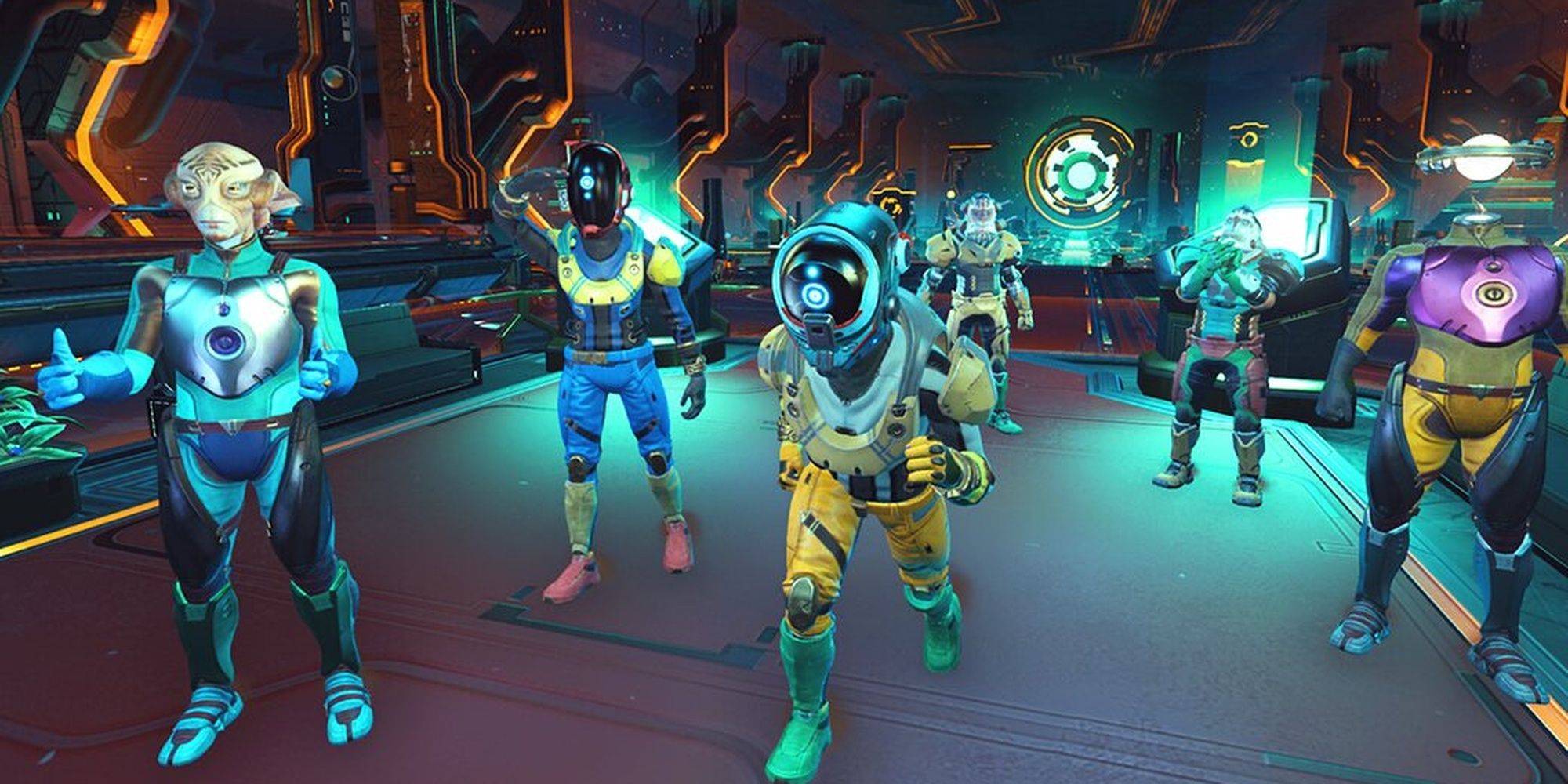 A group of travelers inside the No Man's Sky anomaly.