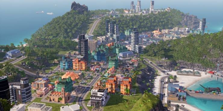 Building structures mixed with greenery and the sea in Tropico 6