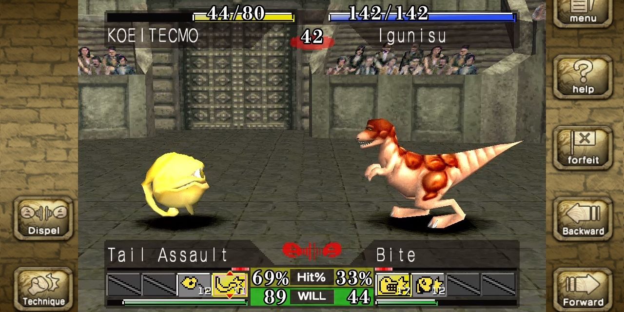 Two creatures facing each other in a tournament in Monster Rancher 1 and 2 DX