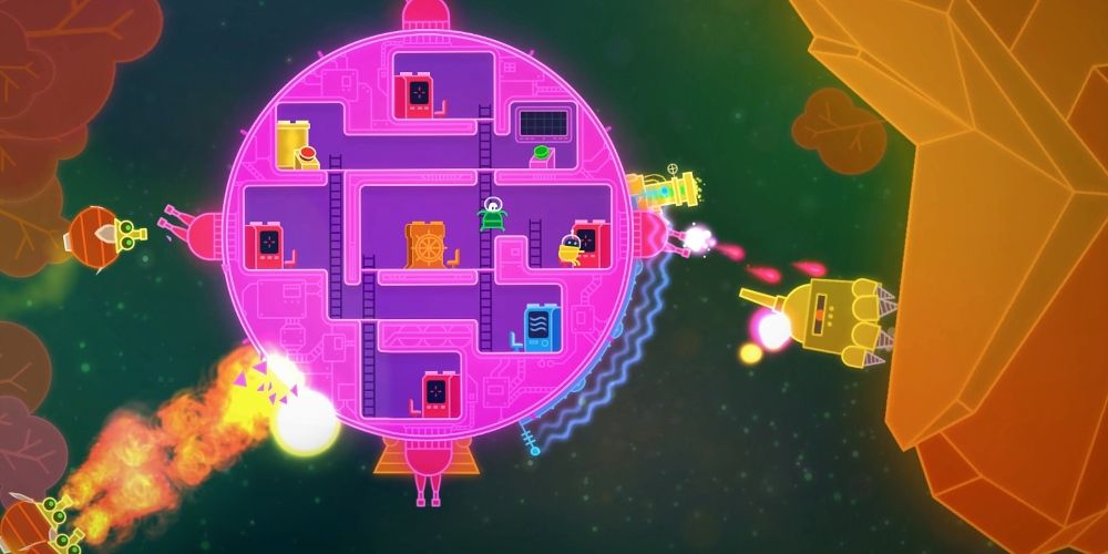 Two players controlling a circular spaceship and shooting enemies in Lovers in a Dangerous Spacetime