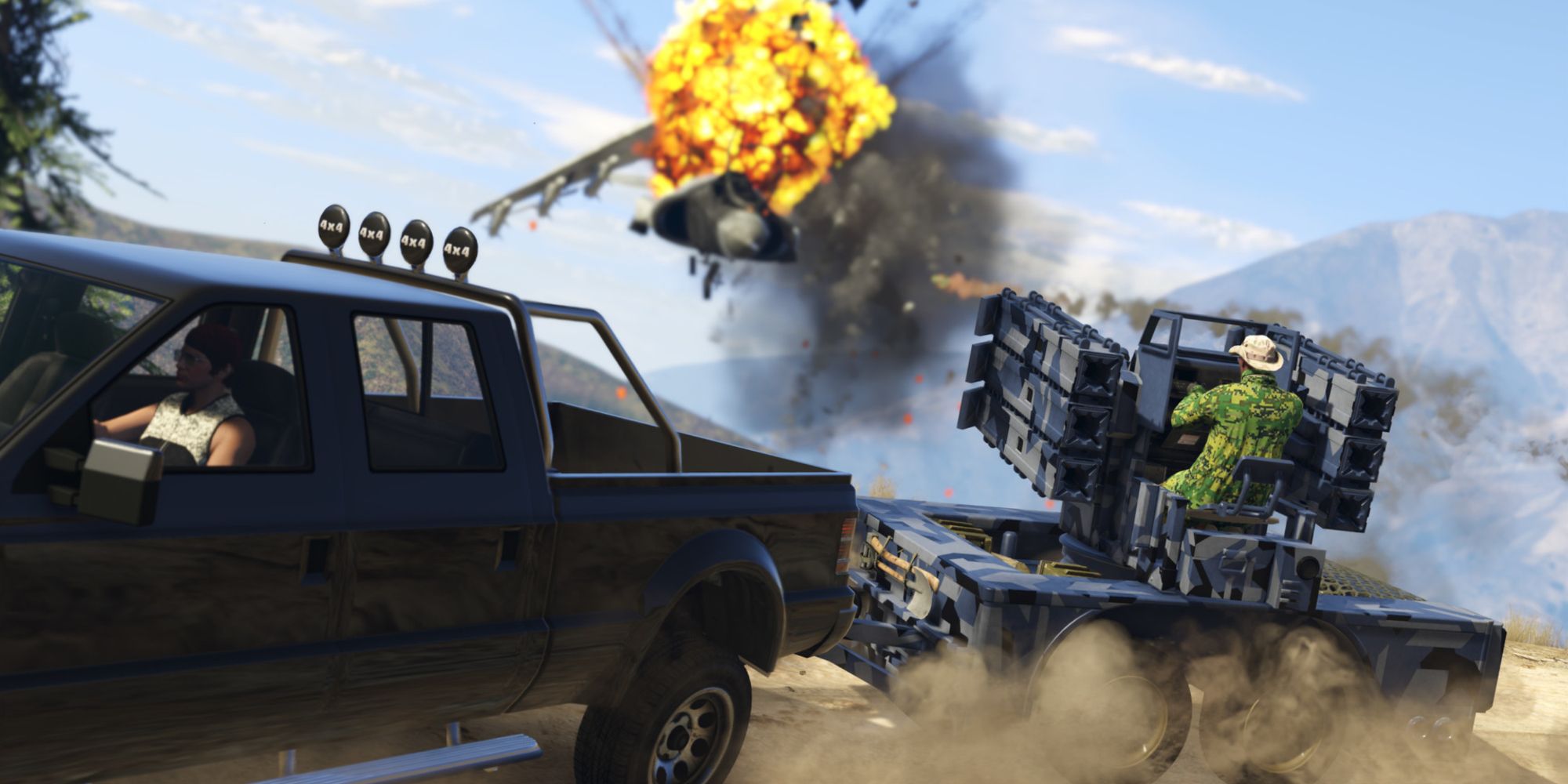 Two players in vehicle combat blowing up a fighter jet with rockets in Grand Theft Auto Online