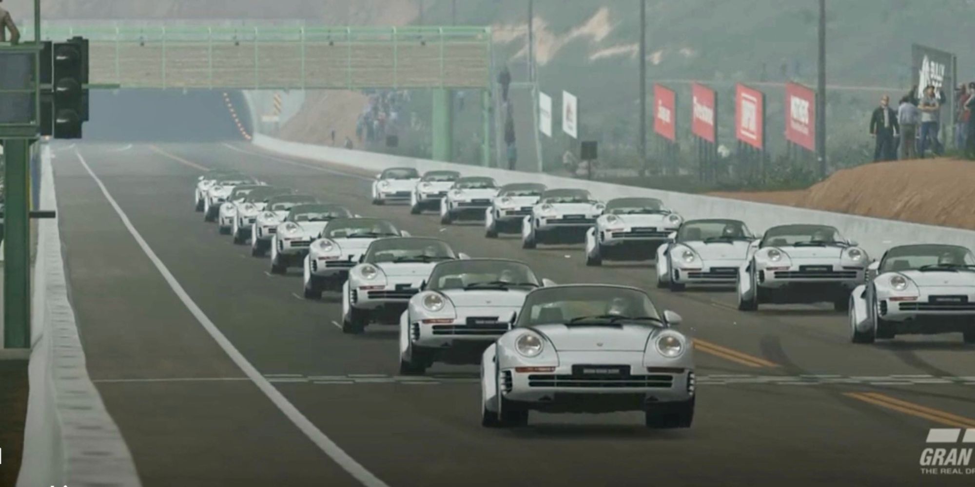 Gran Turismo 7 image showing many Porsche cars lined up on the grid doing wheelies 