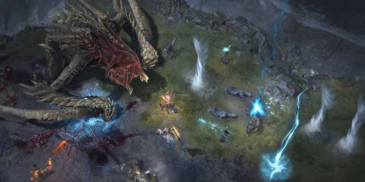 Diablo 4 gameplay image showing characters fighting with a dragon in their midst