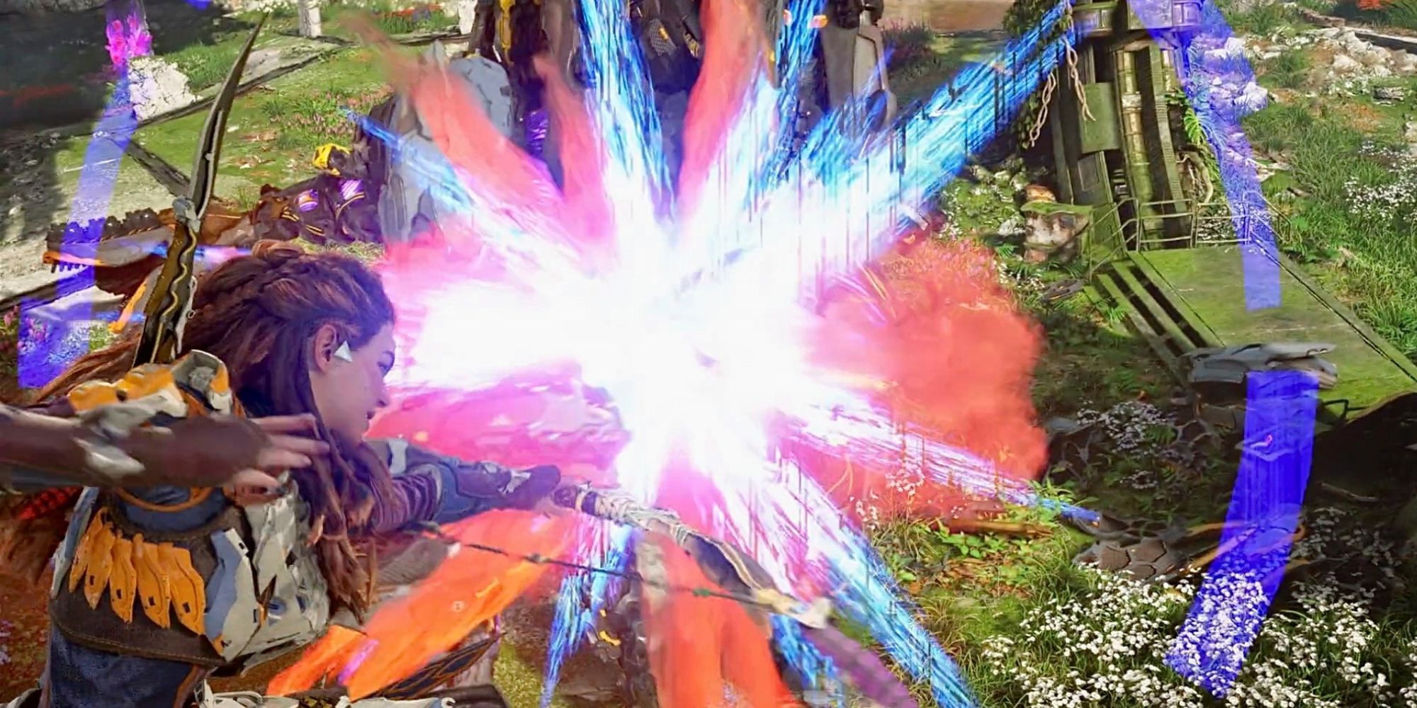 Screenshot from Horizon Forbidden West Burning Shores trailer showing Aloy mid-air shooting her bow at a dino-like machine