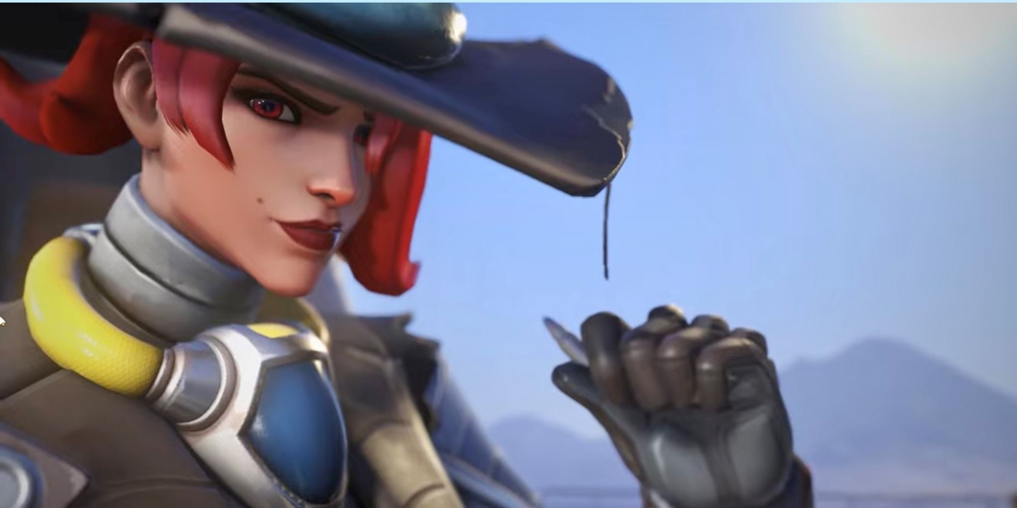 Overwatch 2 Ashe Intergalactic Smuggler Skin battle pass season 4 legendary skin, with Ashe in a cowboyish hat and gloves holding a bullet