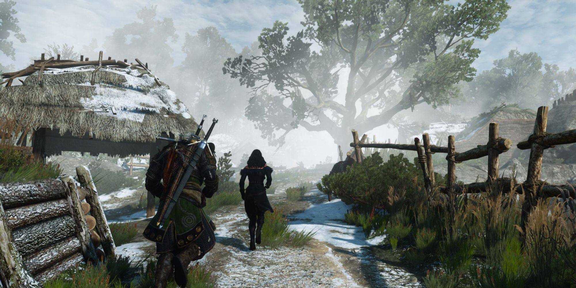 Geralt and Yennefer run into a frost-covered village in Skellige, with a large, imposing tree in the background