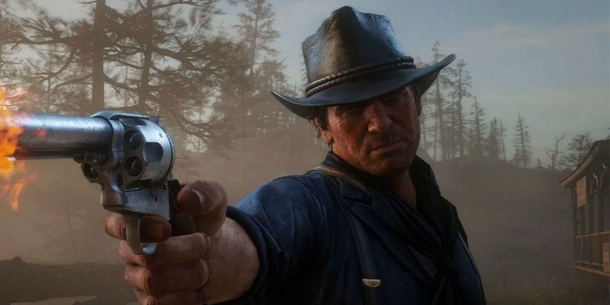 Arthur Morgan looks past the camera with a revolver immediately after the shot 