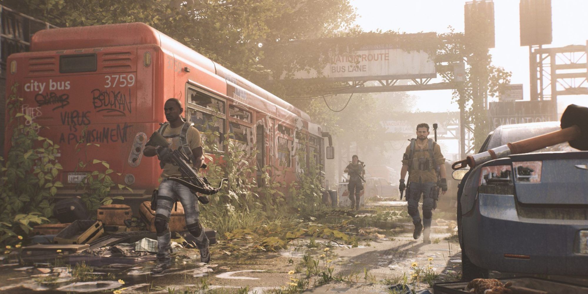 The Division 2 - image showing ruined Washington with three armed men walking past abandoned train and car