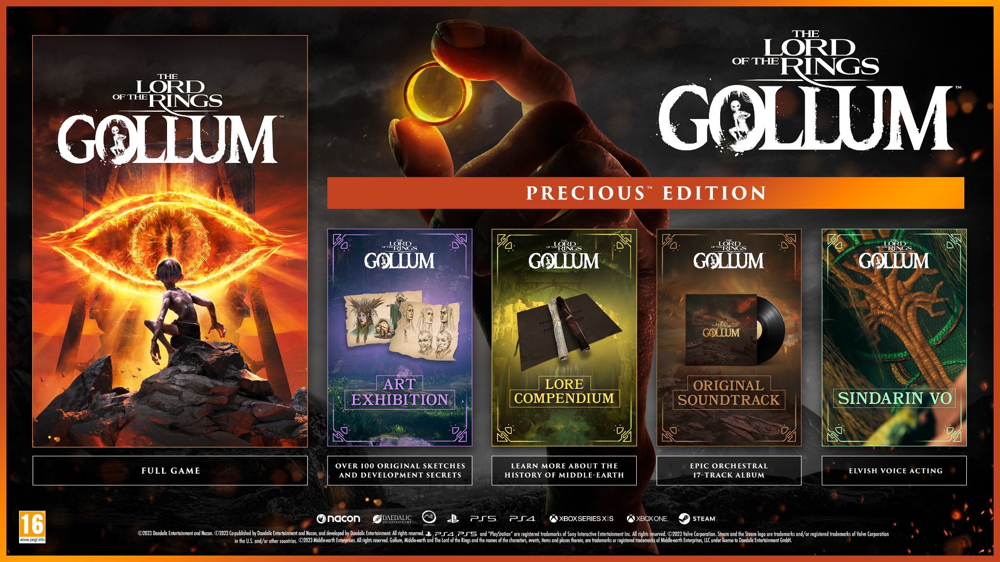 A graphic outlining what you get in The Lord of the Rings: Gollum: Precious Edition. It includes the full game, an art exhibition, a lore compendium, the original soundtrack, and Sindarin voice acting