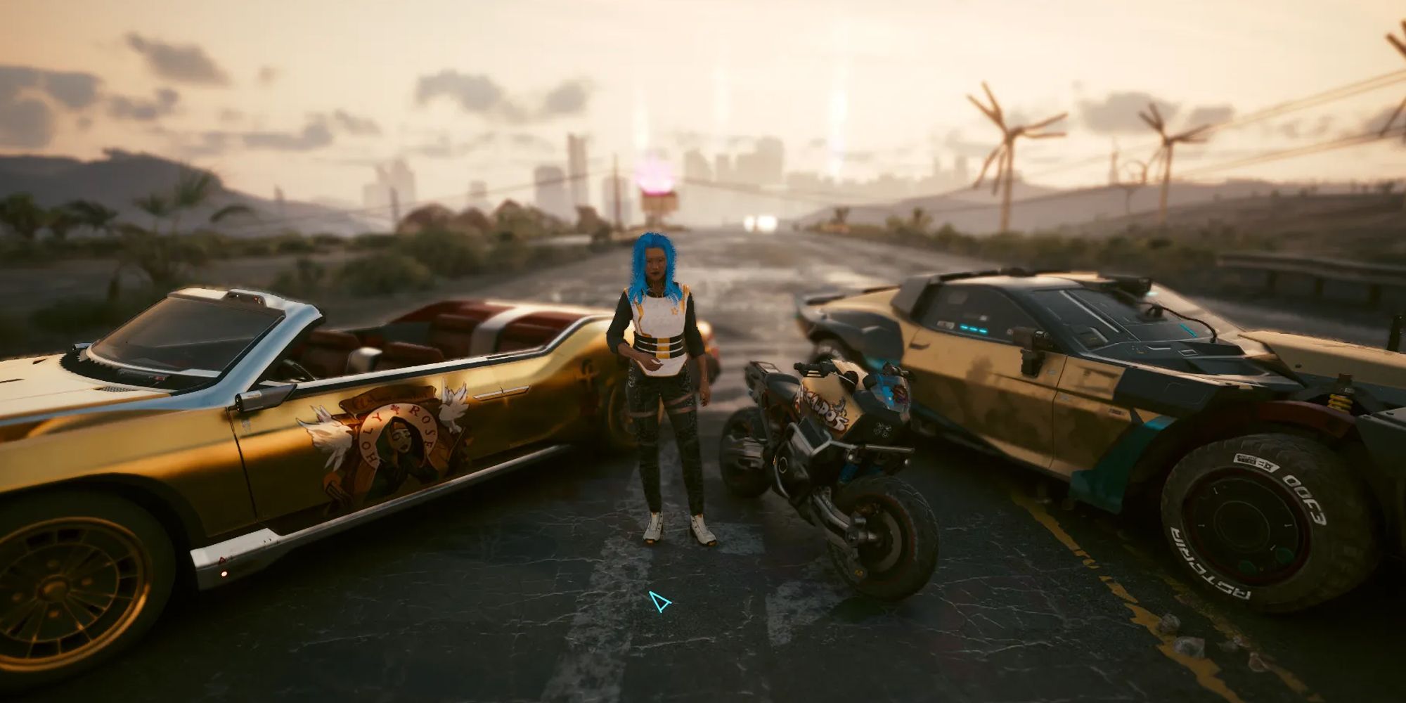V posing beside two cars in Cyberpunk 2077.