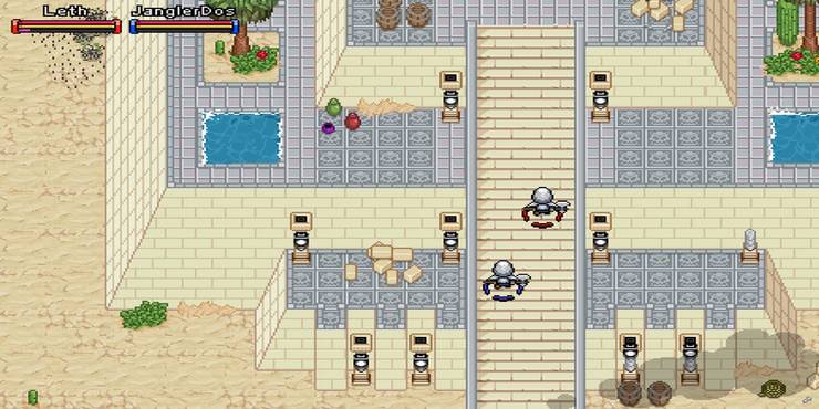 2 characters going into a desert temple in Wanderlust Adventures