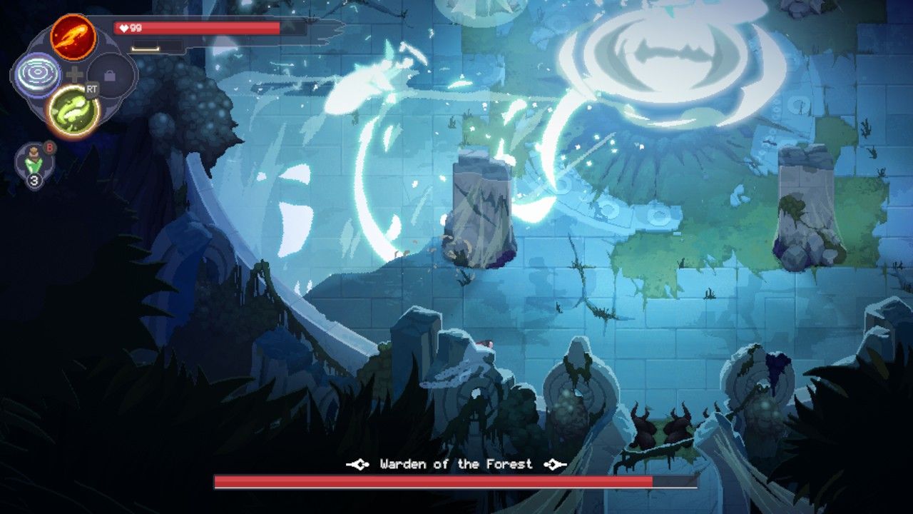 Sylas uses a pillar to avoid an attack against the Warden Of The Forest in The Mageseeker: A League Of Legends Story.