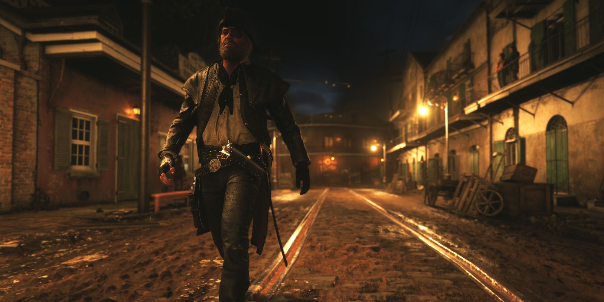 An image of Arthur Morgan from Red Dead Redemption 2 walking around the city at night wearing a new outfit from WhyEm's DLC mod.