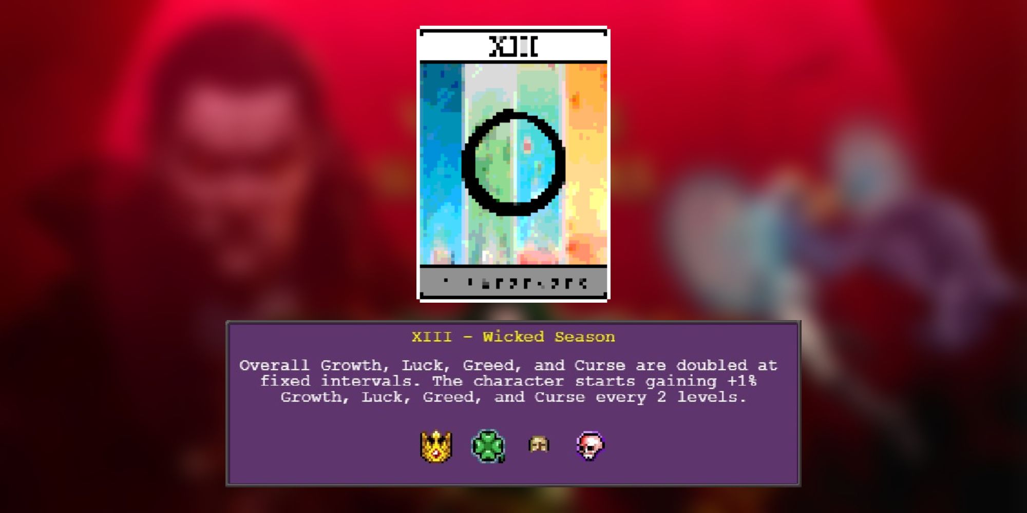 An image and description of Vampire Survivors' Wicked Season Arcana